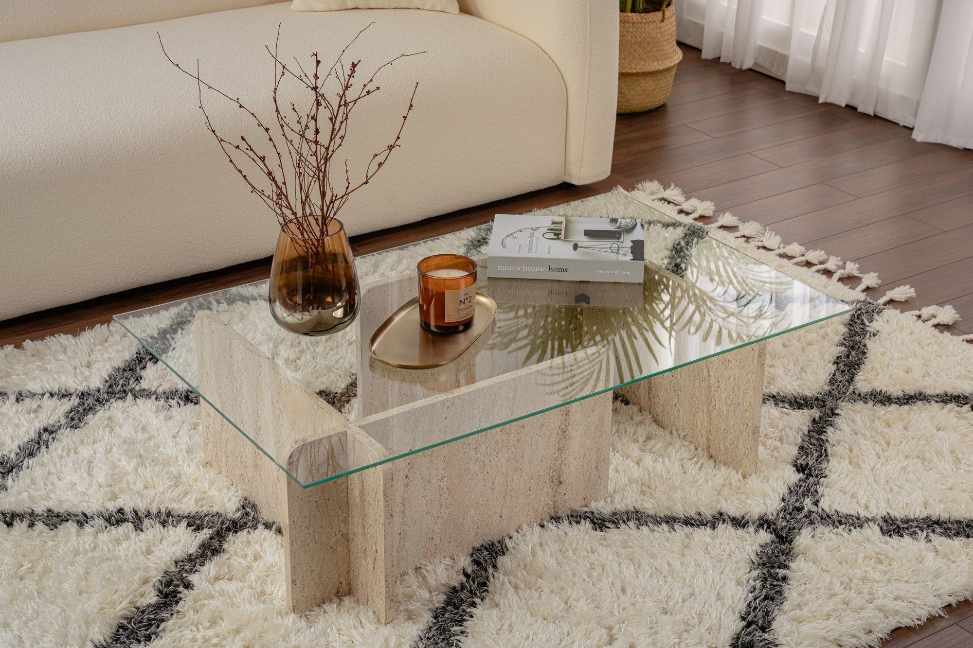 Masuta de cafea, Hanah Home, sticla securizata si PAL melaminat, travertin, 105x65x30 cm — imaginea 4