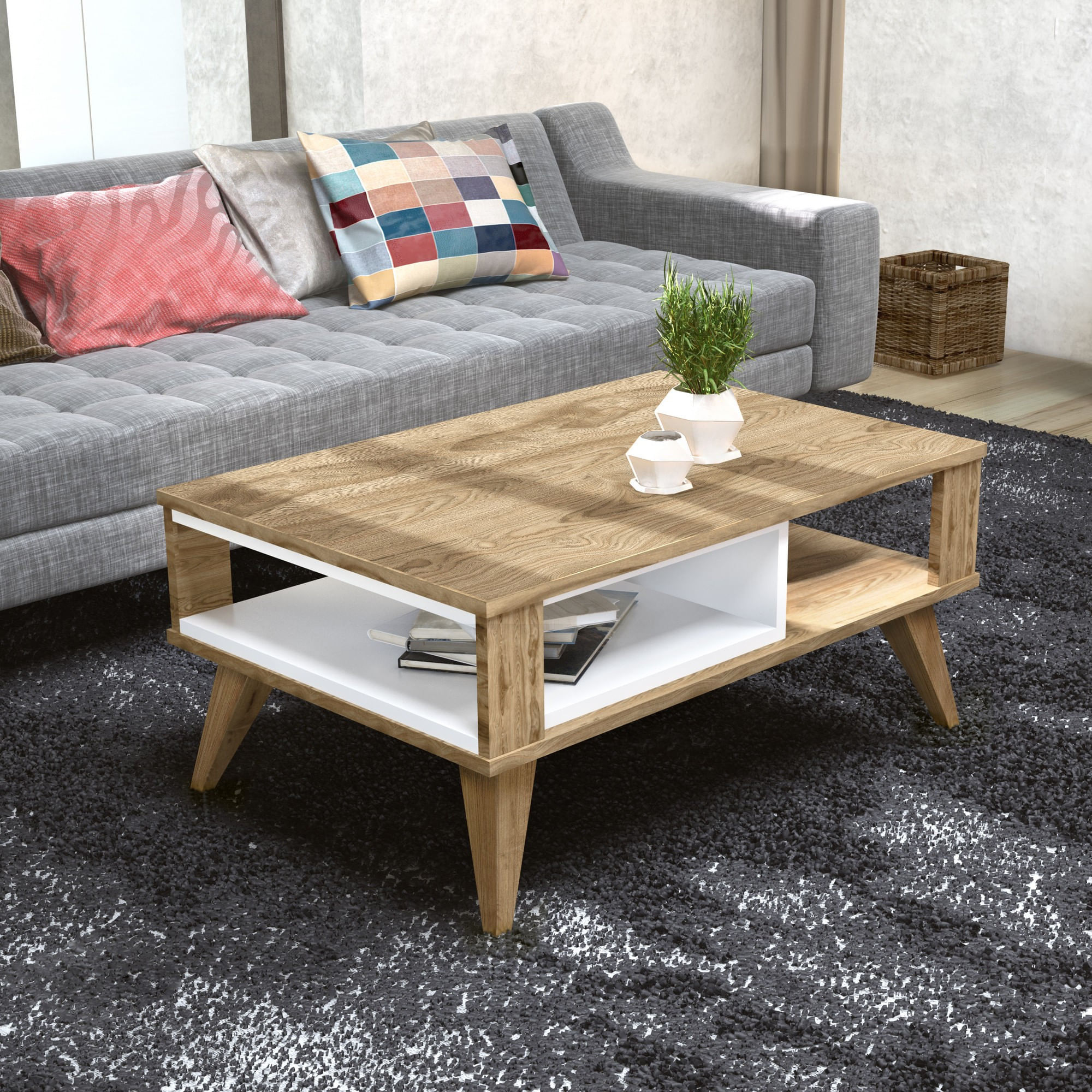 Masuta de cafea, Hanah Home, pal melaminat, stejar si alb, 90x60x40 cm — imaginea 5