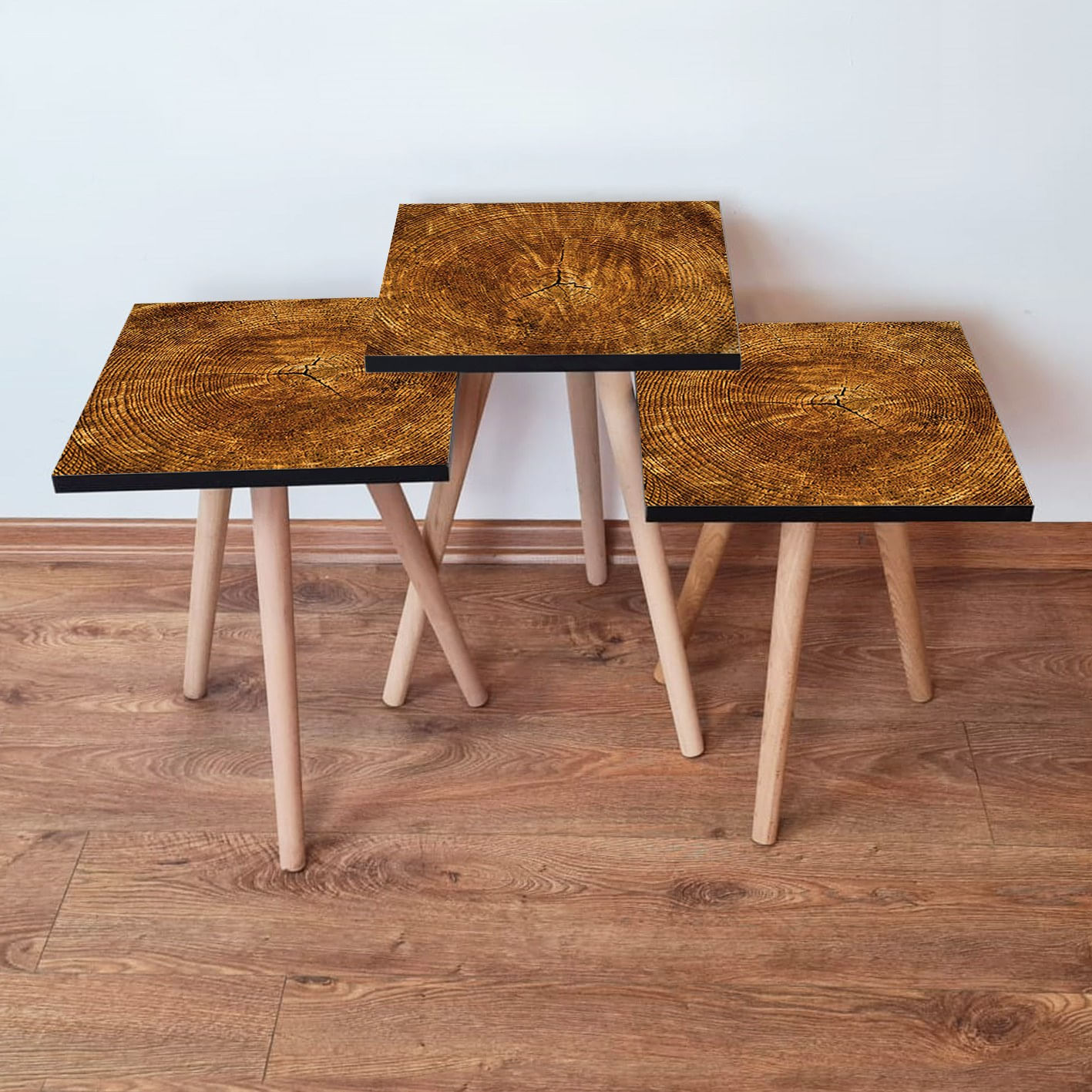 Set masute de cafea, Hanah Home, mdf, maro, picioare lemn fag, 35x35x52 cm, 481LNA2989