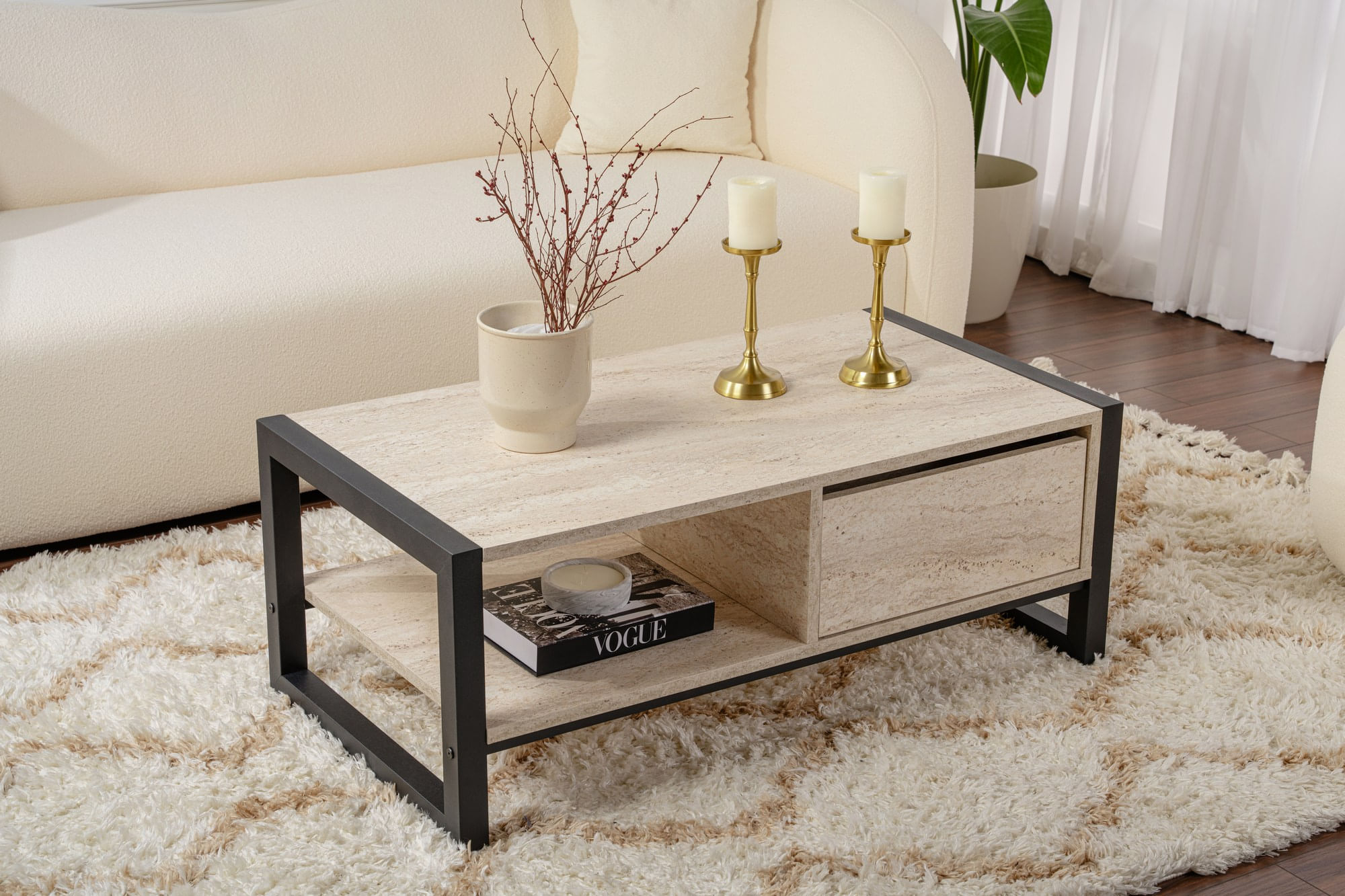 Masuta de cafea, Hanah Home, pal melaminat, travertin negru, 105x55x40 cm — imaginea 8