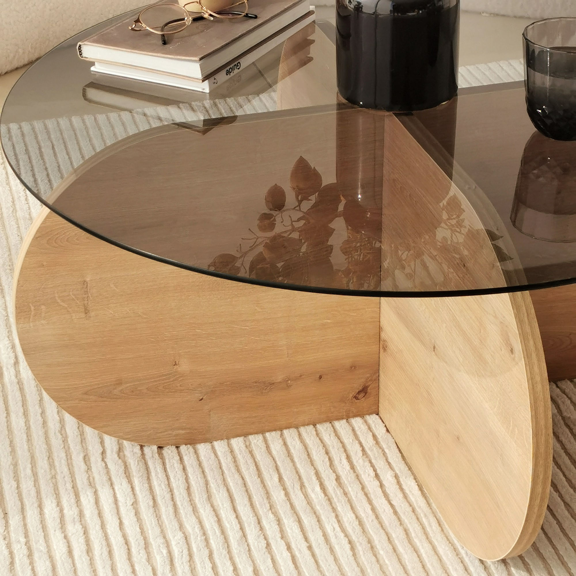 Masuta de cafea, Hanah Home, sticla securizata si pal melaminat, stejar si fumuriu, 75x75x35 cm — imaginea 6
