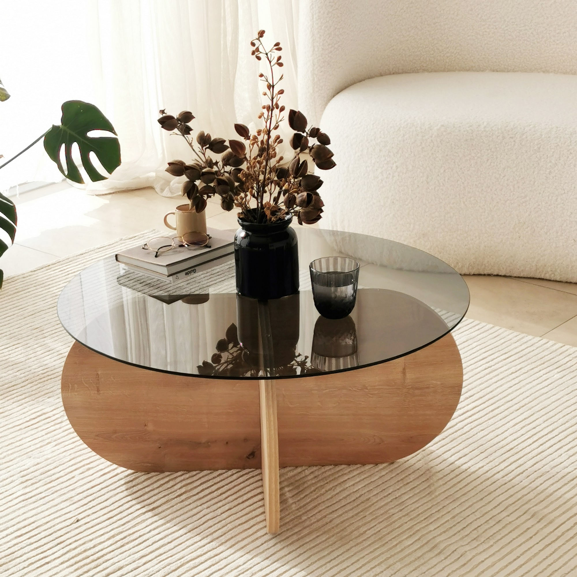Masuta de cafea, Hanah Home, sticla securizata si pal melaminat, stejar si fumuriu, 75x75x35 cm — imaginea 7