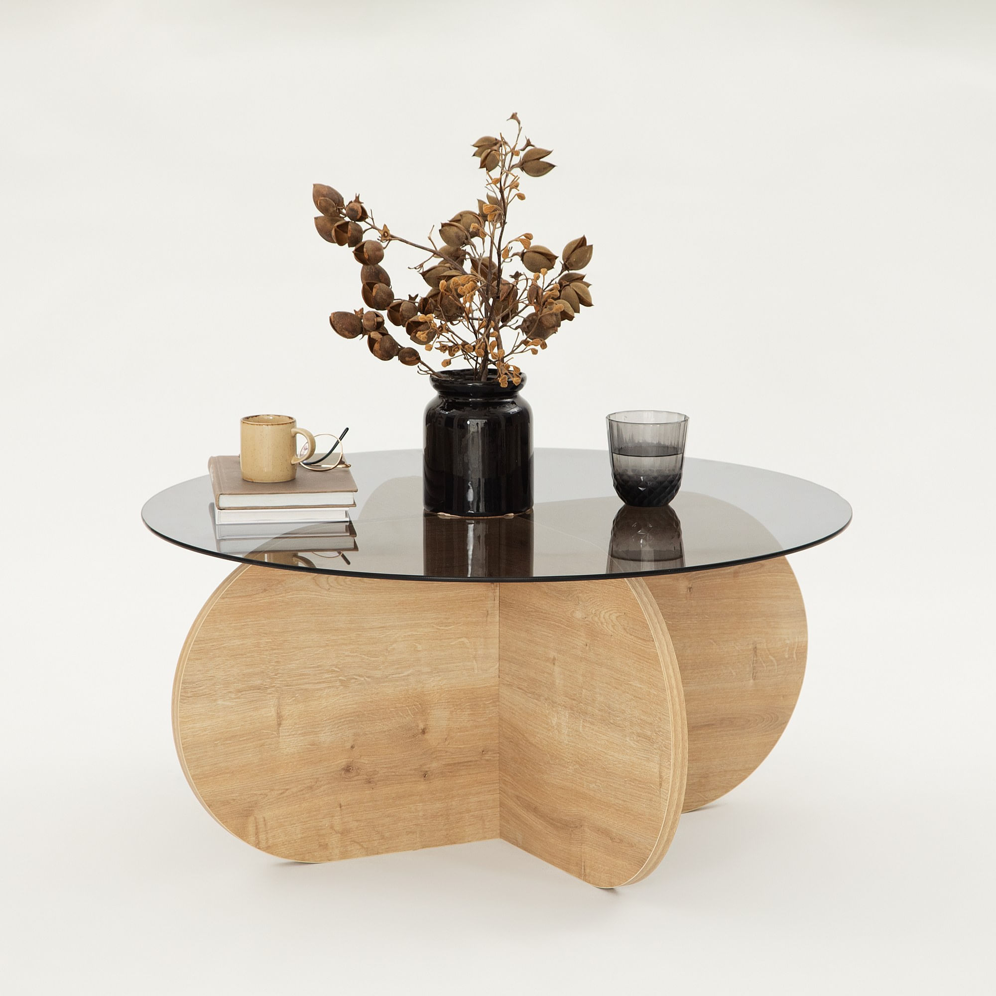 Masuta de cafea, Hanah Home, sticla securizata si pal melaminat, stejar si fumuriu, 75x75x35 cm — imaginea 9
