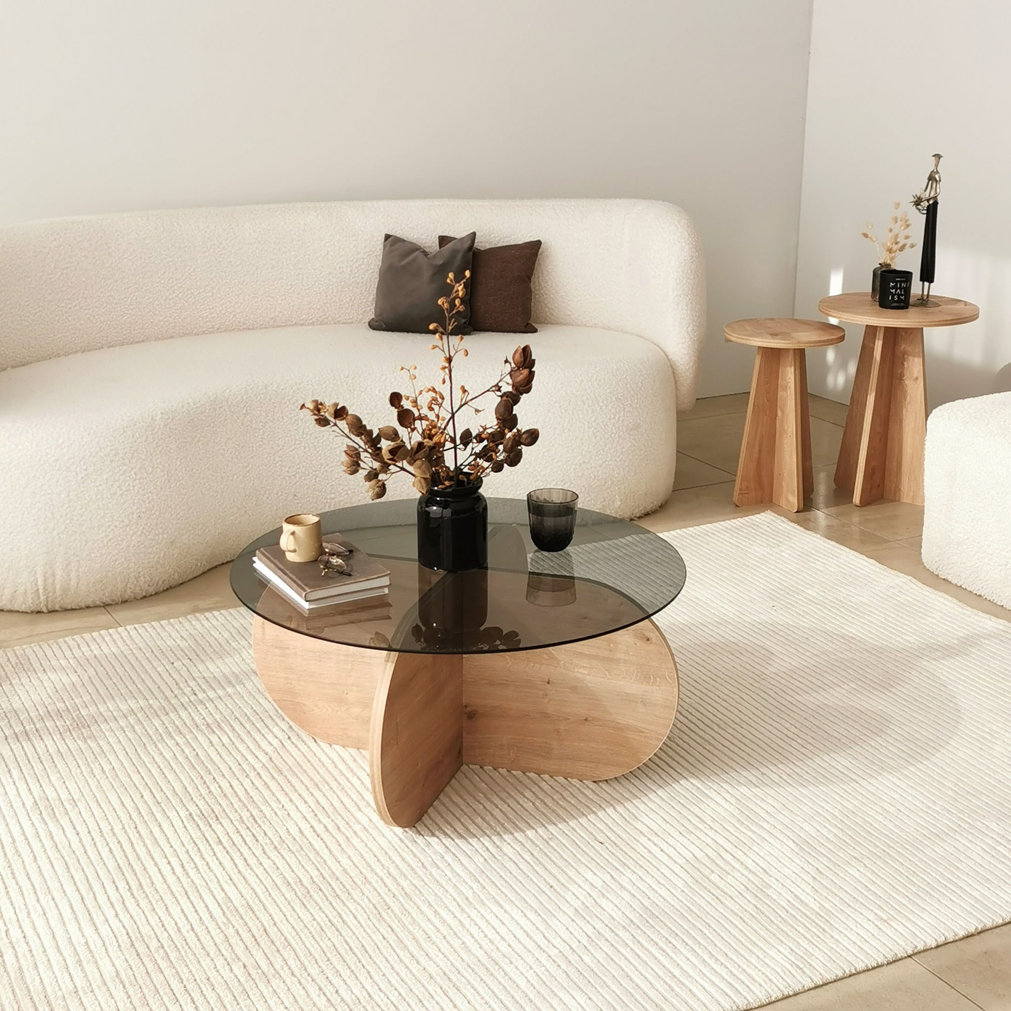 Masuta de cafea, Hanah Home, sticla securizata si pal melaminat, stejar si fumuriu, 75x75x35 cm — imaginea 11
