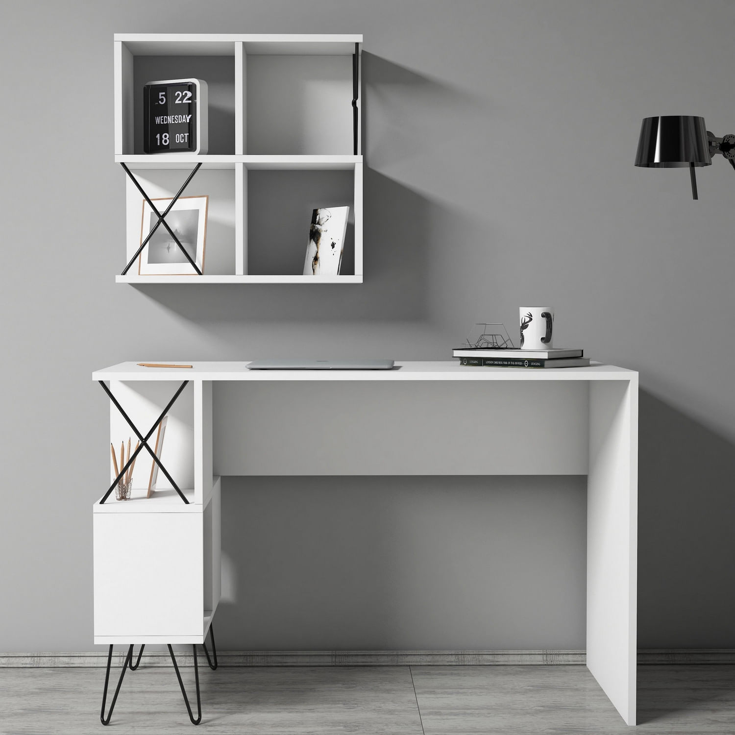 Birou de studiu, Hanah Home, pal melaminat, alb negru, 120x60x78.8 cm