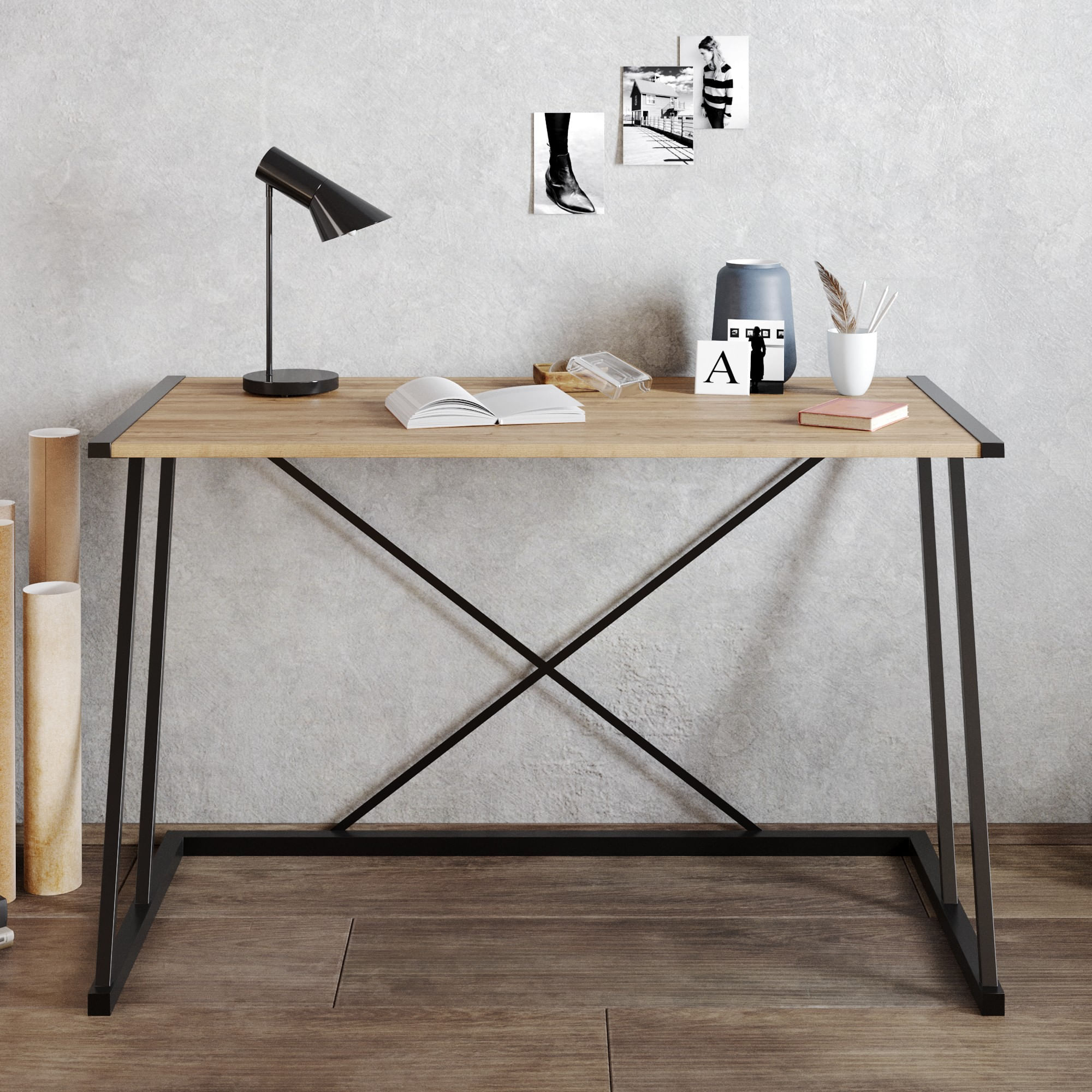 Birou de studiu, Hanah Home, pal melaminat, nuc si negru, 120x60x75 cm, 541HDL1104 — imaginea 3