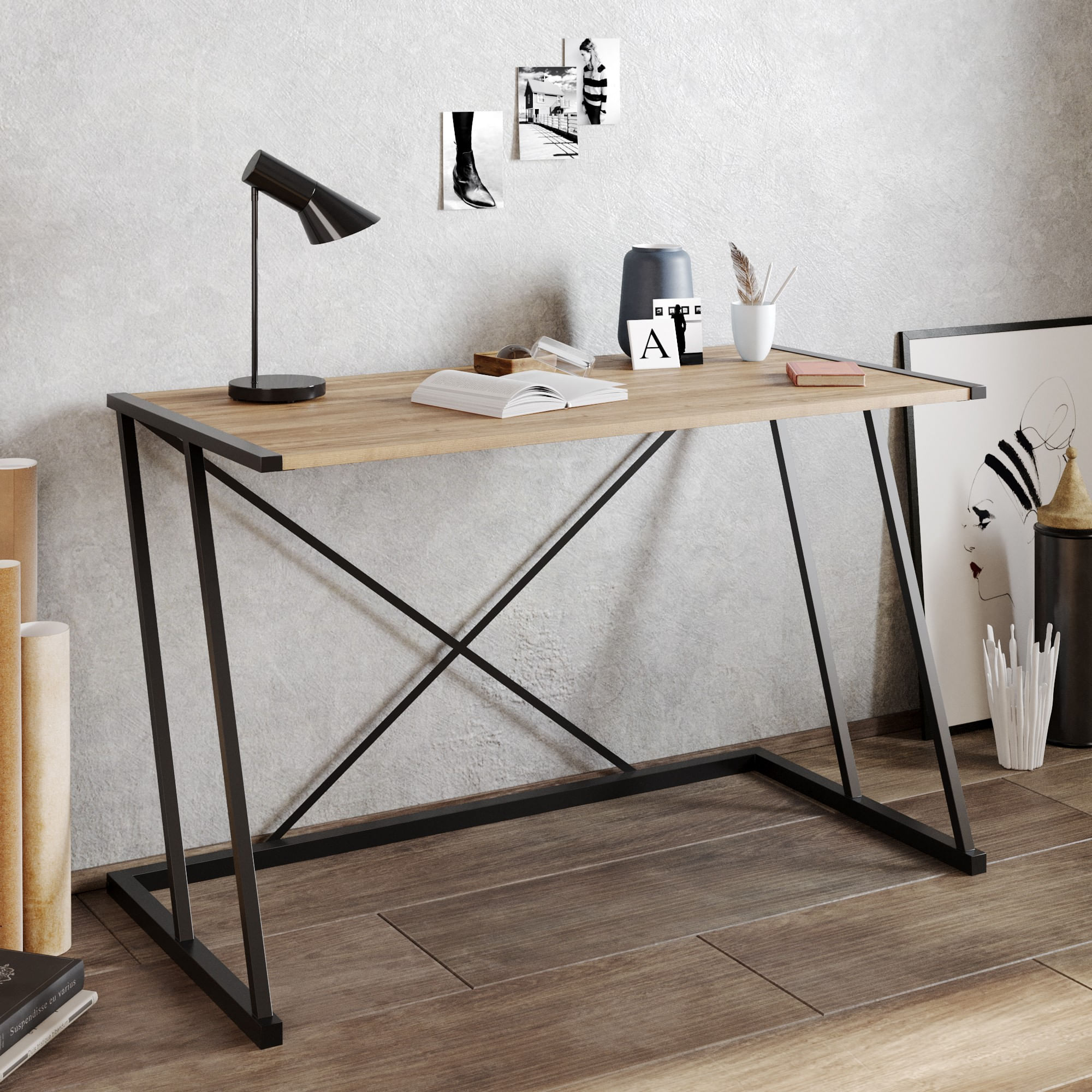 Birou de studiu, Hanah Home, pal melaminat, nuc si negru, 120x60x75 cm, 541HDL1104 — imaginea 4