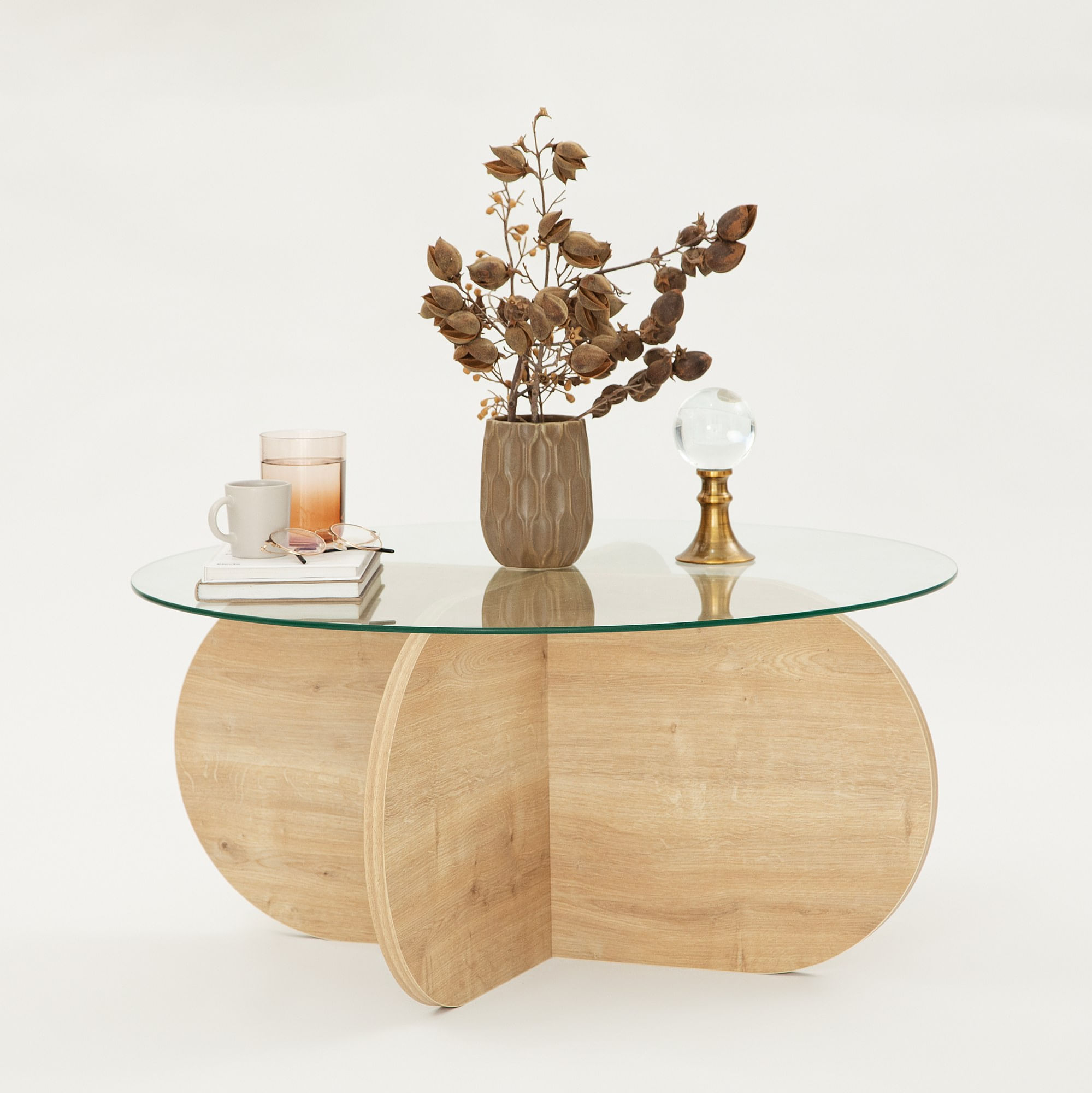 Masuta de cafea, Hanah Home, sticla calita si pal melaminat, stejar safir, 75x75x35 cm — imaginea 2