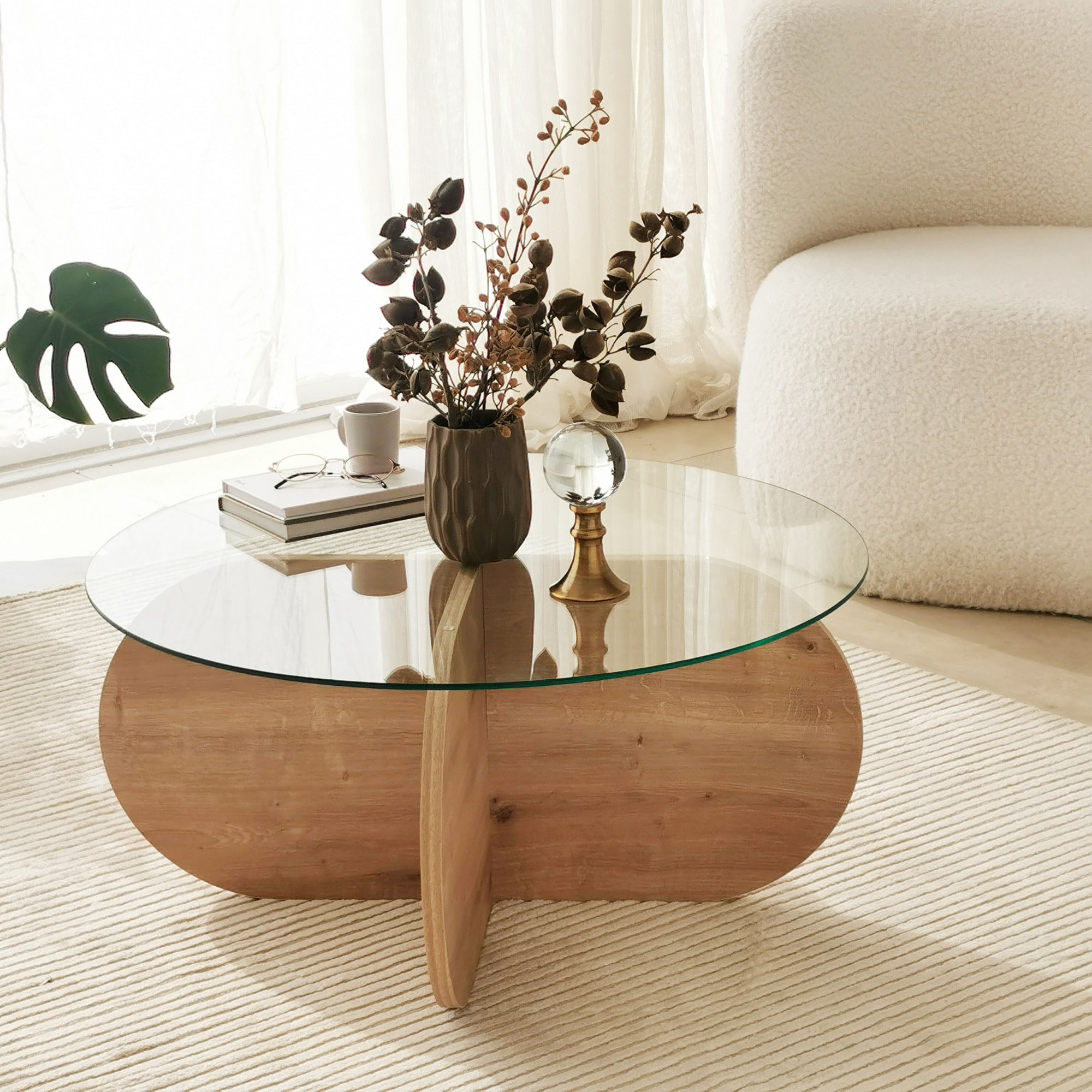 Masuta de cafea, Hanah Home, sticla calita si pal melaminat, stejar safir, 75x75x35 cm — imaginea 3