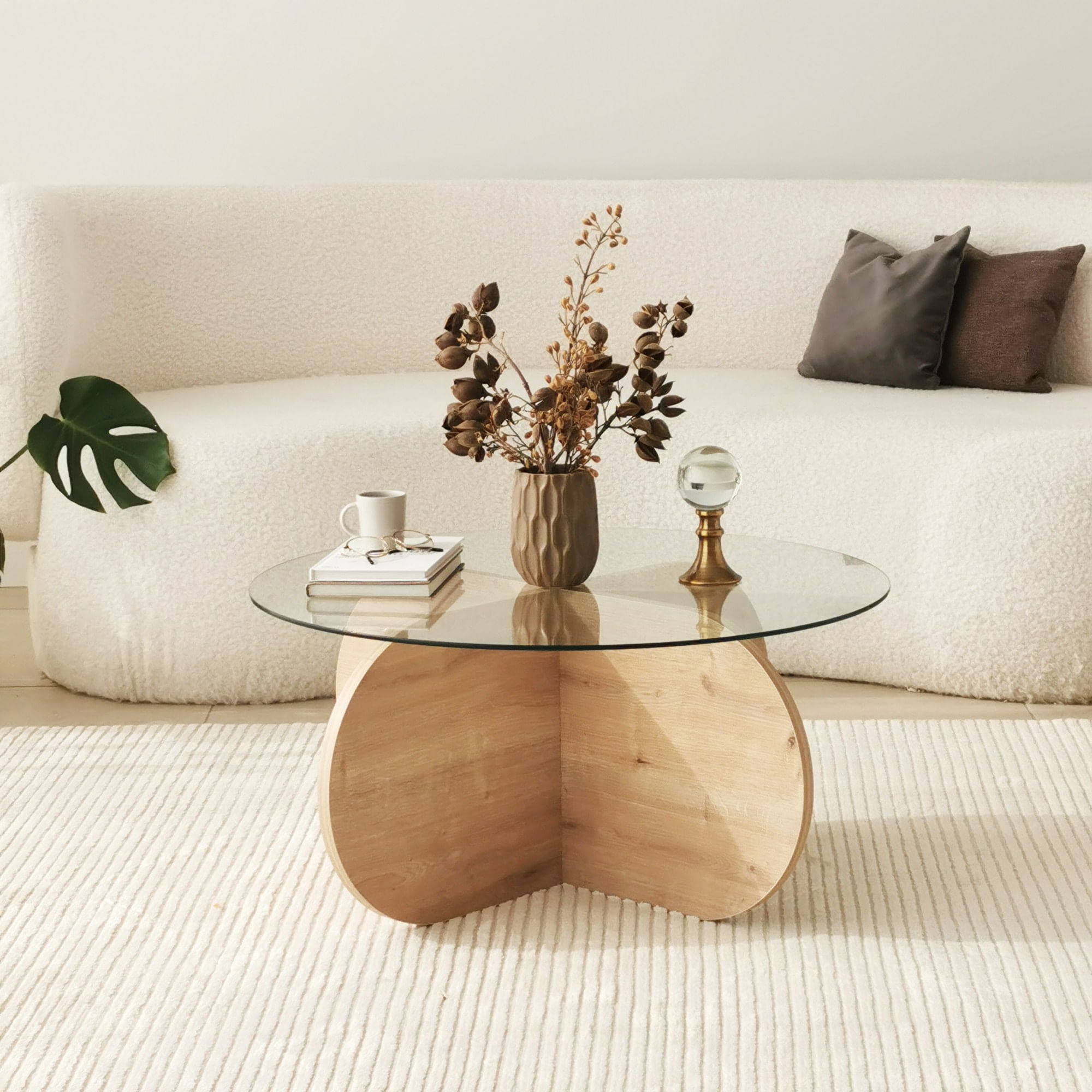 Masuta de cafea, Hanah Home, sticla calita si pal melaminat, stejar safir, 75x75x35 cm — imaginea 6
