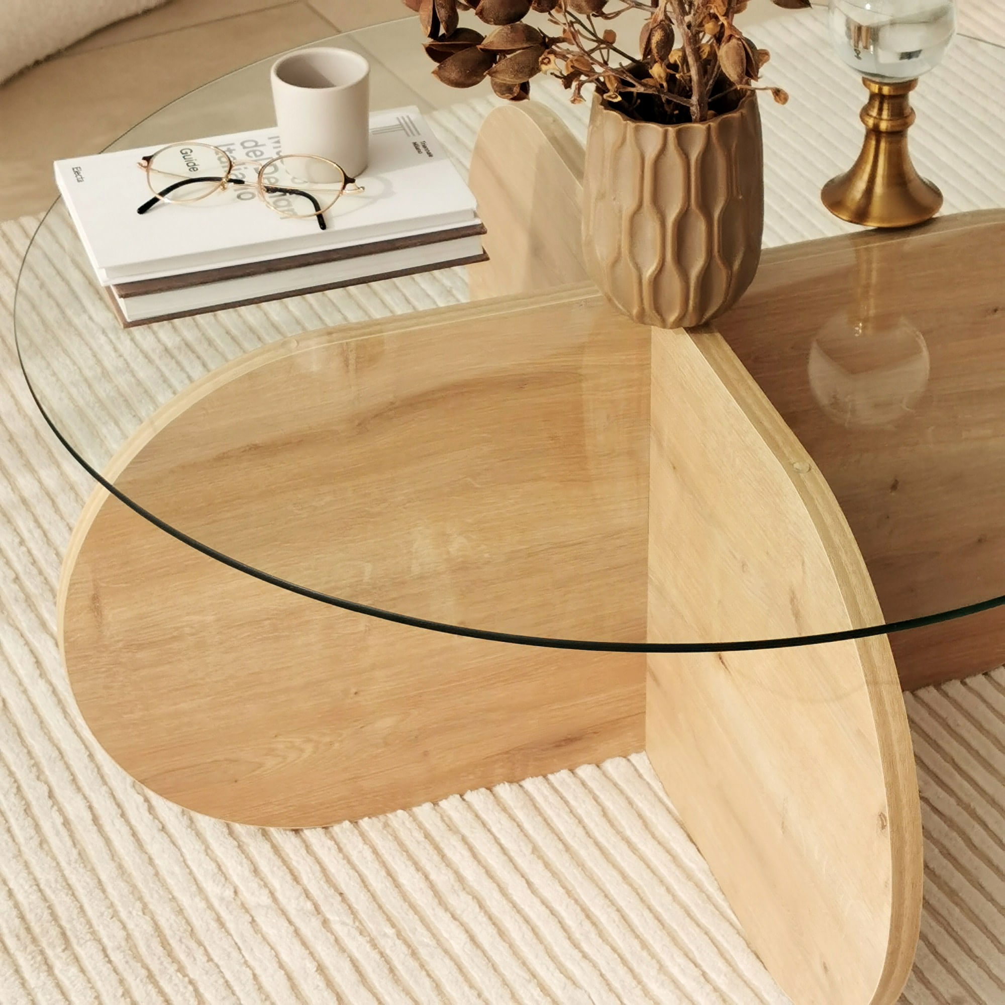 Masuta de cafea, Hanah Home, sticla calita si pal melaminat, stejar safir, 75x75x35 cm — imaginea 9