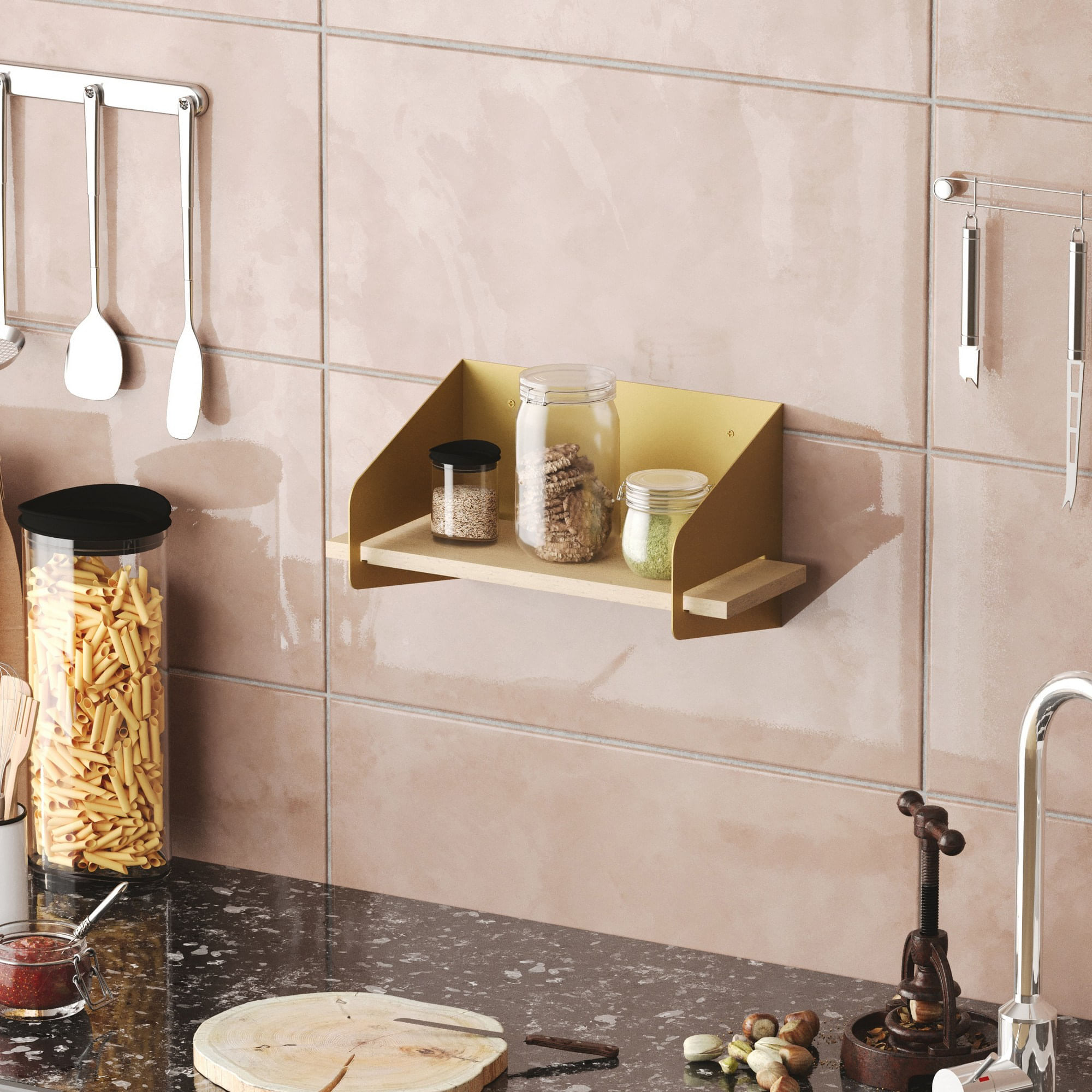 Raft de perete, Hanah Home, lemn, auriu, 40x20x19 cm — imaginea 5