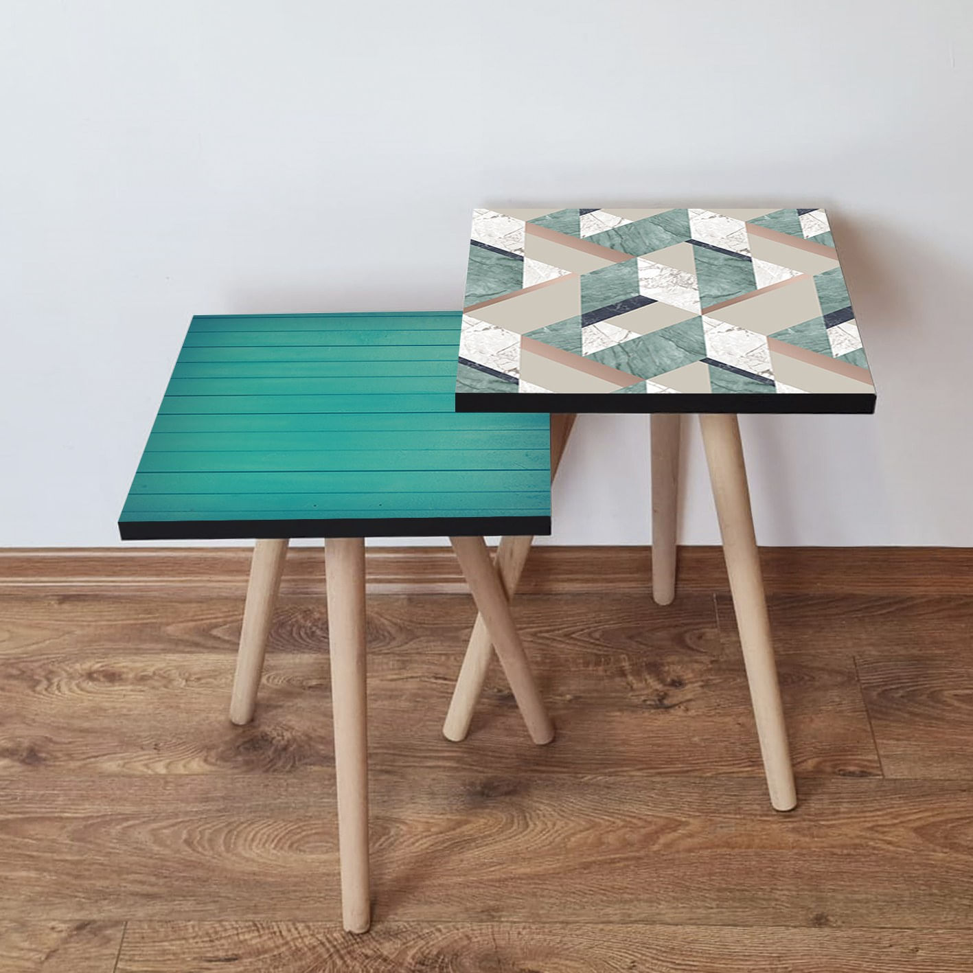 Set masute de cafea, Hanah Home, mdf, albastru, alb, bej, albastru marin, 35x35x47 cm, picioare lemn fag