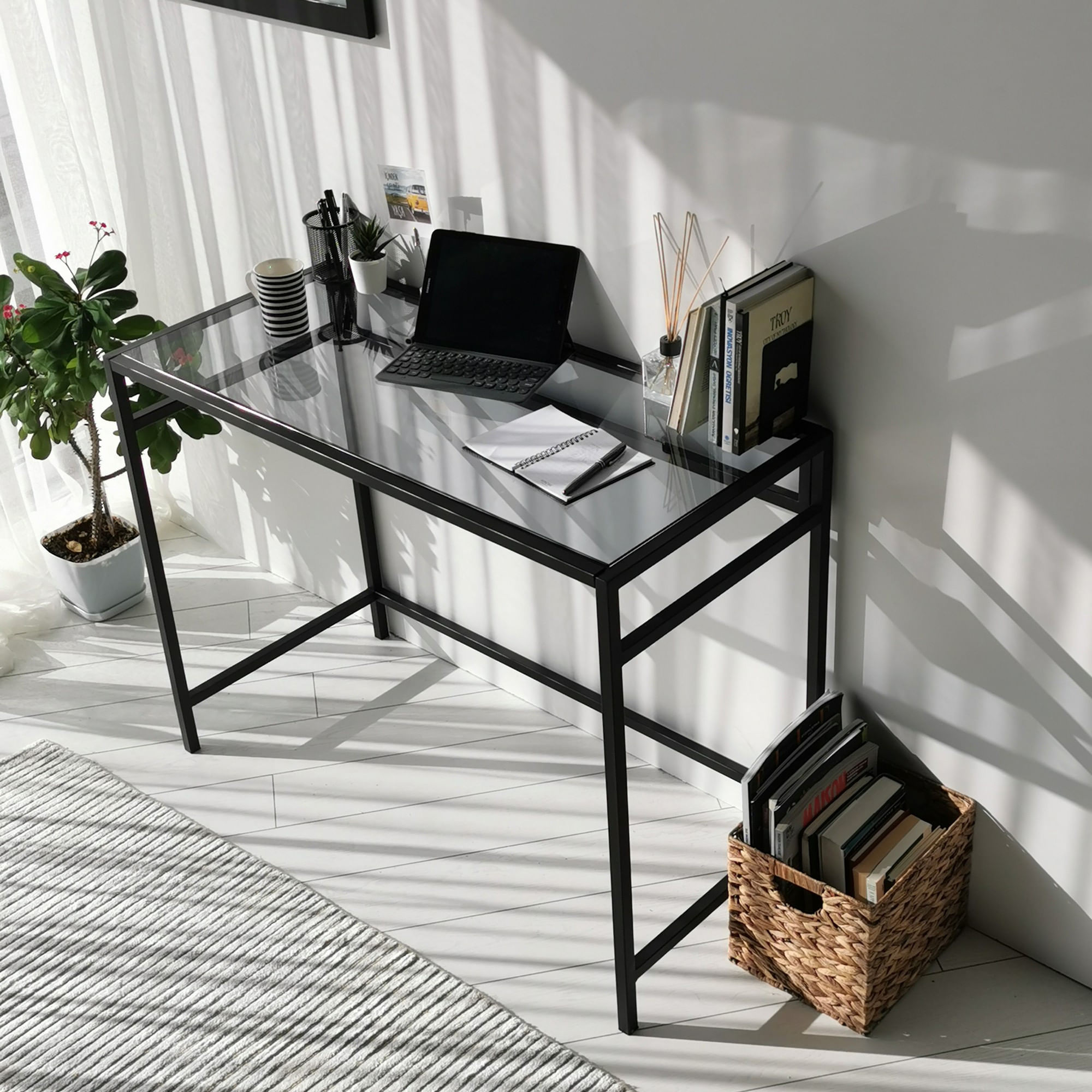 Birou, Hanah Home, sticla securizata si metal, negru si fumuriu, 100x45x75 cm — imaginea 2