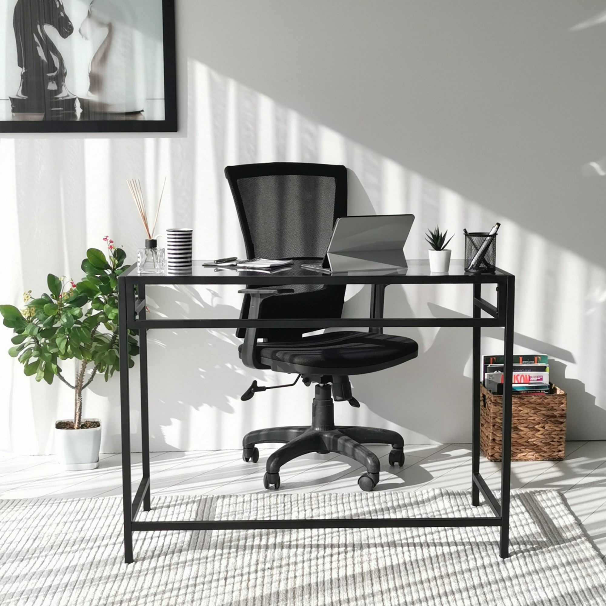 Birou, Hanah Home, sticla securizata si metal, negru si fumuriu, 100x45x75 cm — imaginea 5