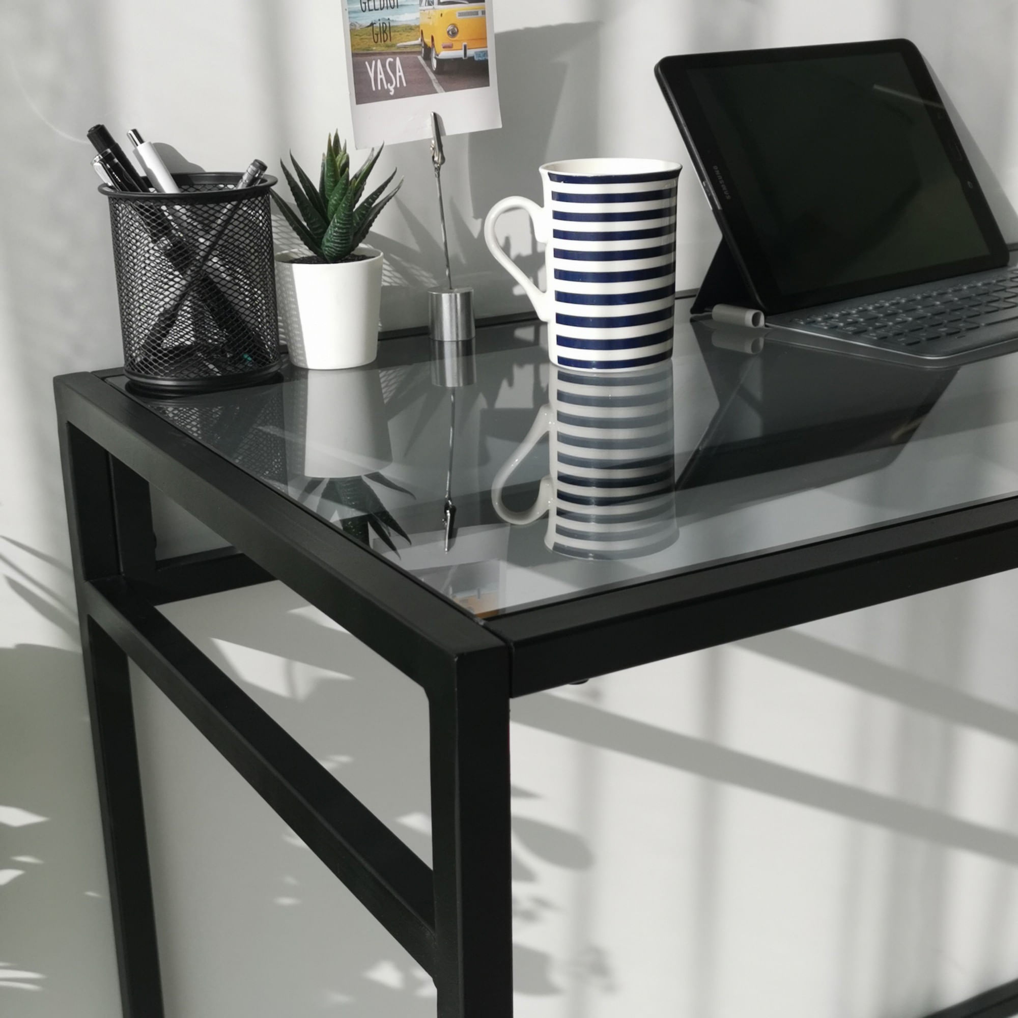 Birou, Hanah Home, sticla securizata si metal, negru si fumuriu, 100x45x75 cm — imaginea 6