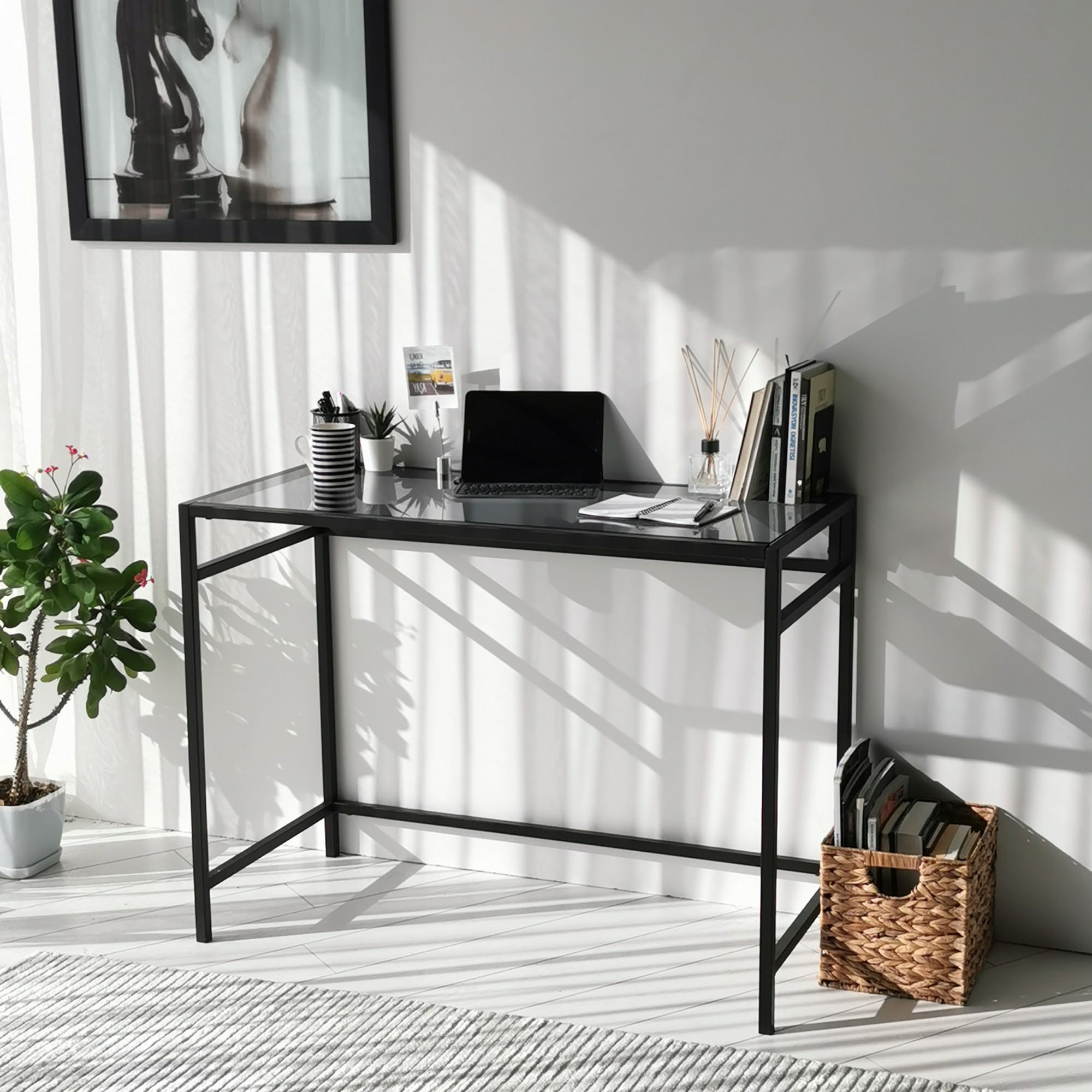 Birou, Hanah Home, sticla securizata si metal, negru si fumuriu, 100x45x75 cm — imaginea 8