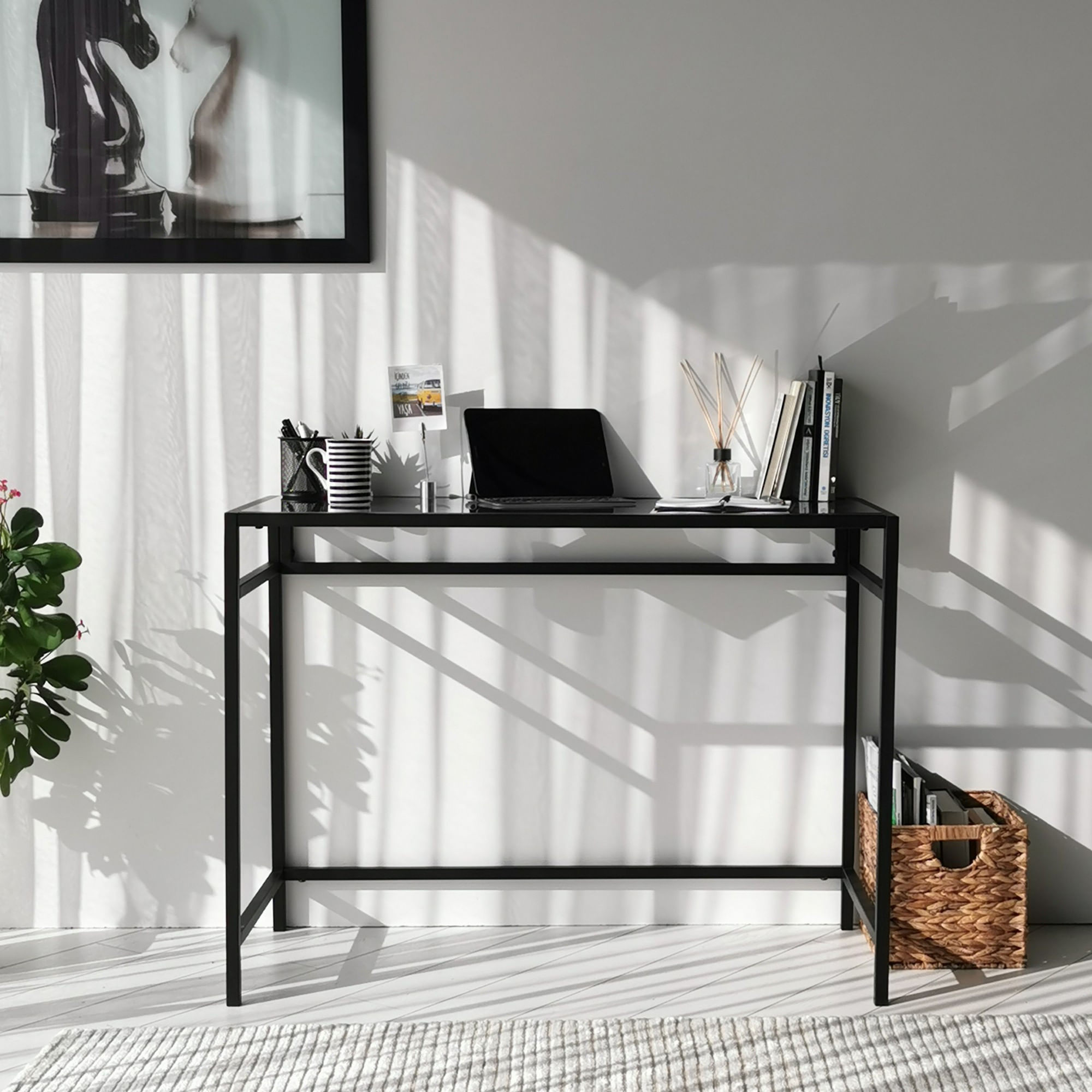Birou, Hanah Home, sticla securizata si metal, negru si fumuriu, 100x45x75 cm — imaginea 9