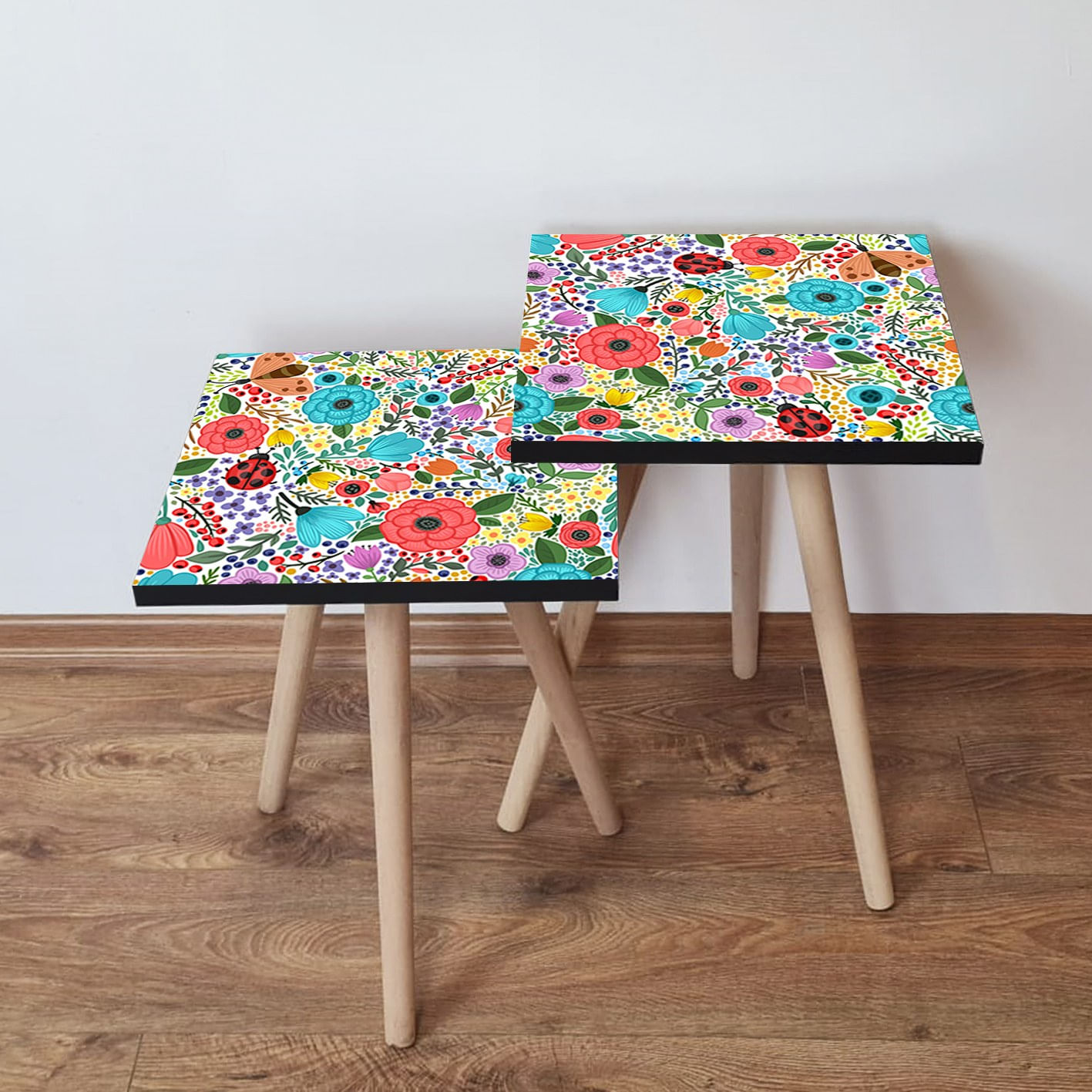 Masute de cafea set 2 piese, Hanah Home, mdf, multicolor, picioare lemn fag, 35x47x35 cm, 35x42x35 cm