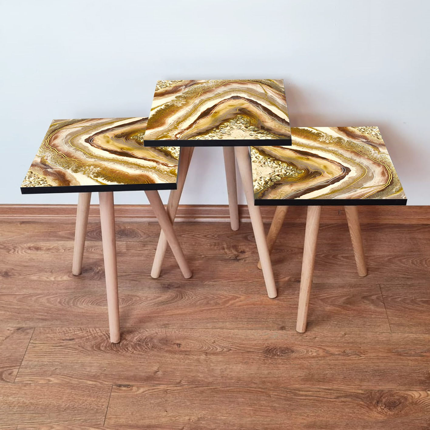 Set masute de cafea, Hanah Home, mdf, crem auriu bej maro, 35x35x52 cm
