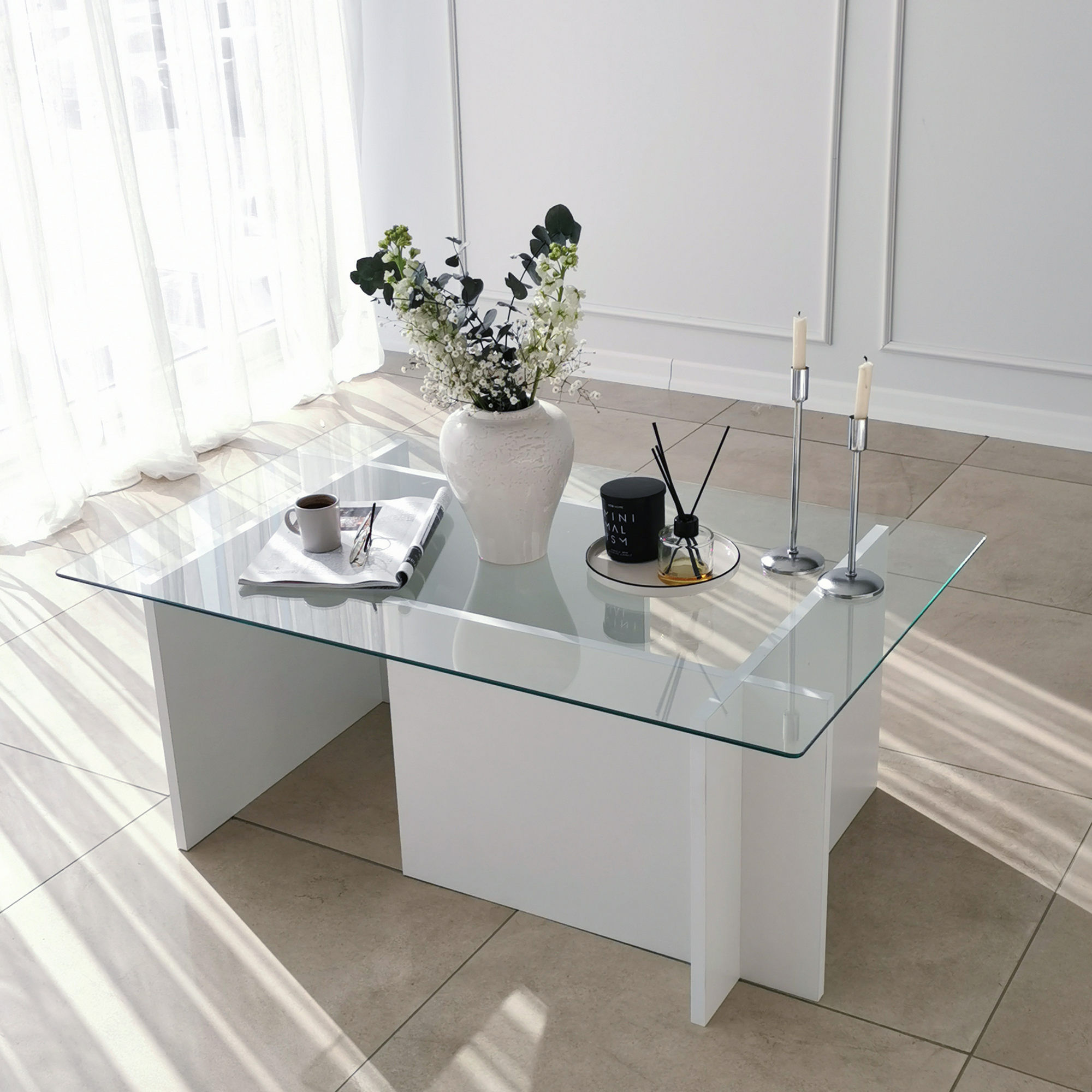 Masuta de cafea, Hanah Home, sticla securizata, alb, 105x65x40 cm — imaginea 4