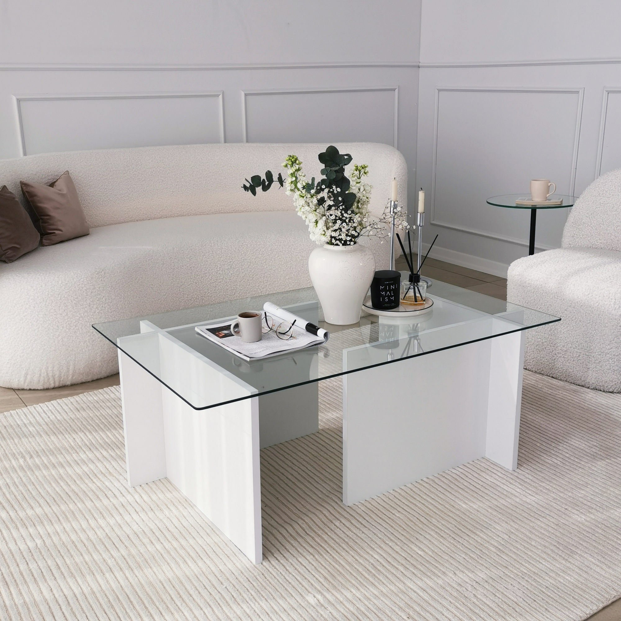 Masuta de cafea, Hanah Home, sticla securizata, alb, 105x65x40 cm — imaginea 5