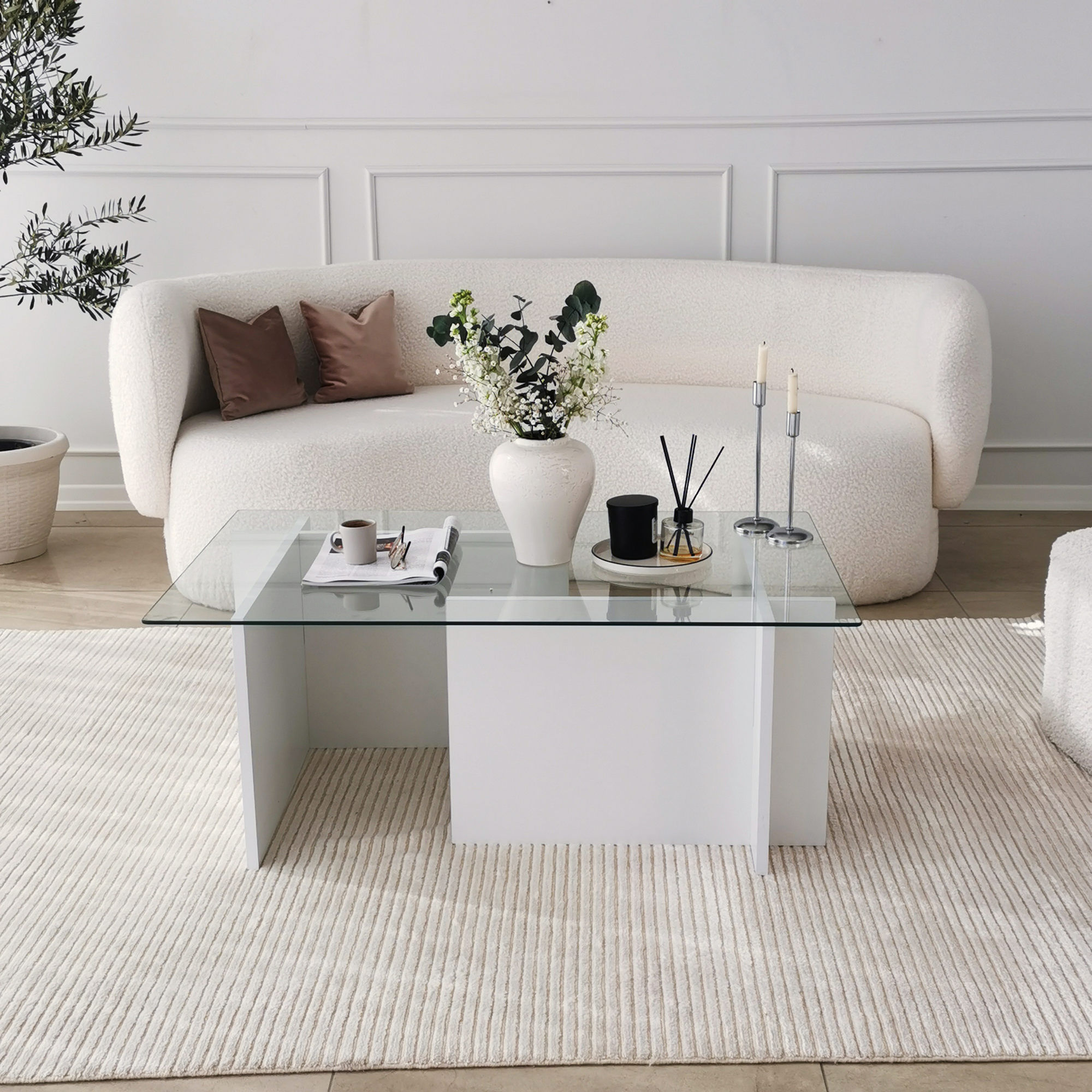 Masuta de cafea, Hanah Home, sticla securizata, alb, 105x65x40 cm — imaginea 8