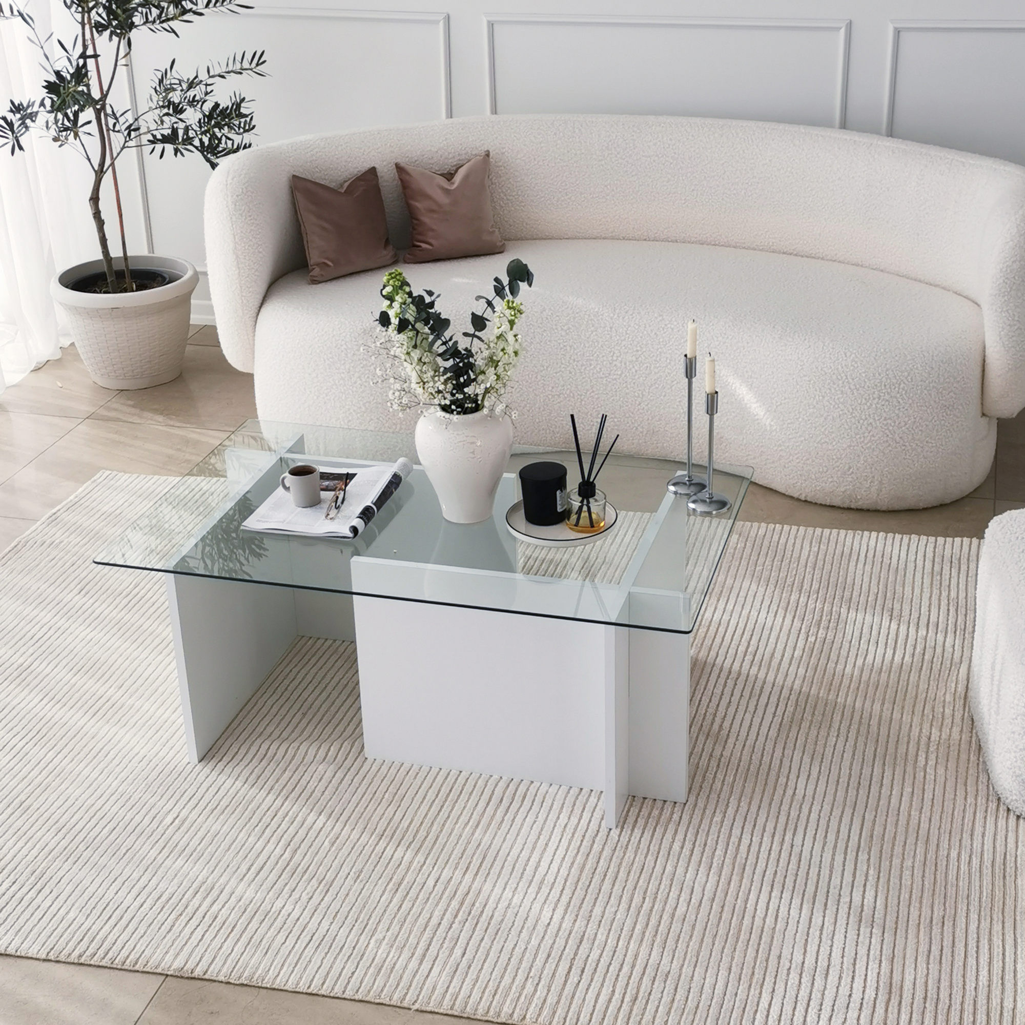 Masuta de cafea, Hanah Home, sticla securizata, alb, 105x65x40 cm — imaginea 9