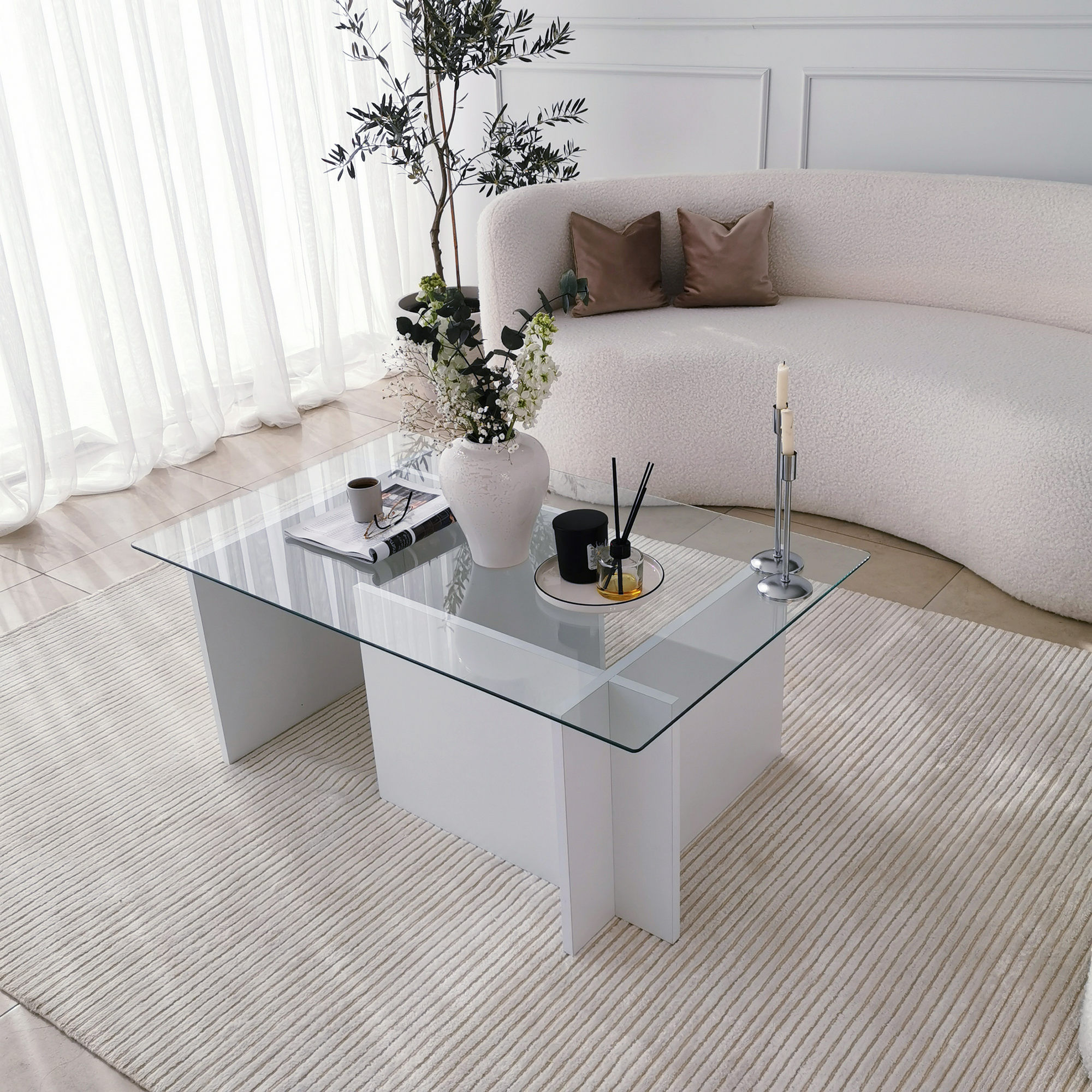 Masuta de cafea, Hanah Home, sticla securizata, alb, 105x65x40 cm — imaginea 10