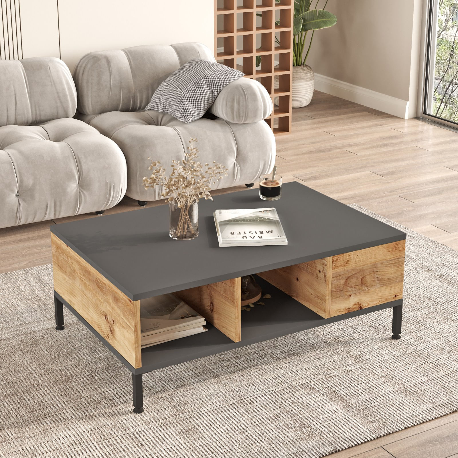 Masuta de cafea, Hanah Home, pal melaminat, pin atlantic si antracit, 90x60x33.1 cm — imaginea 2