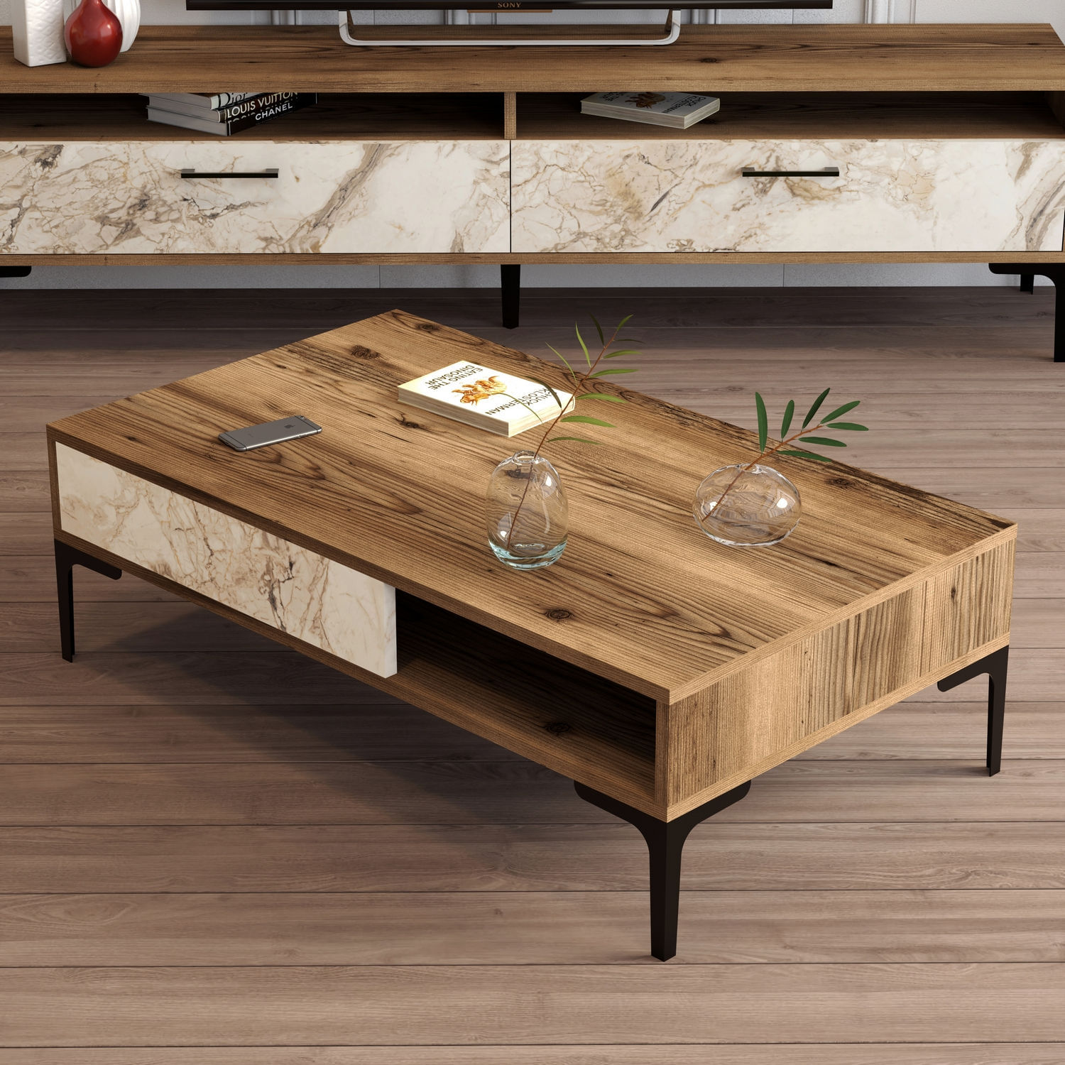 Masuta de cafea, Hanah Home, panou aglomerat cu melamina, nuc si alb, 105x60x32.6 cm — imaginea 4