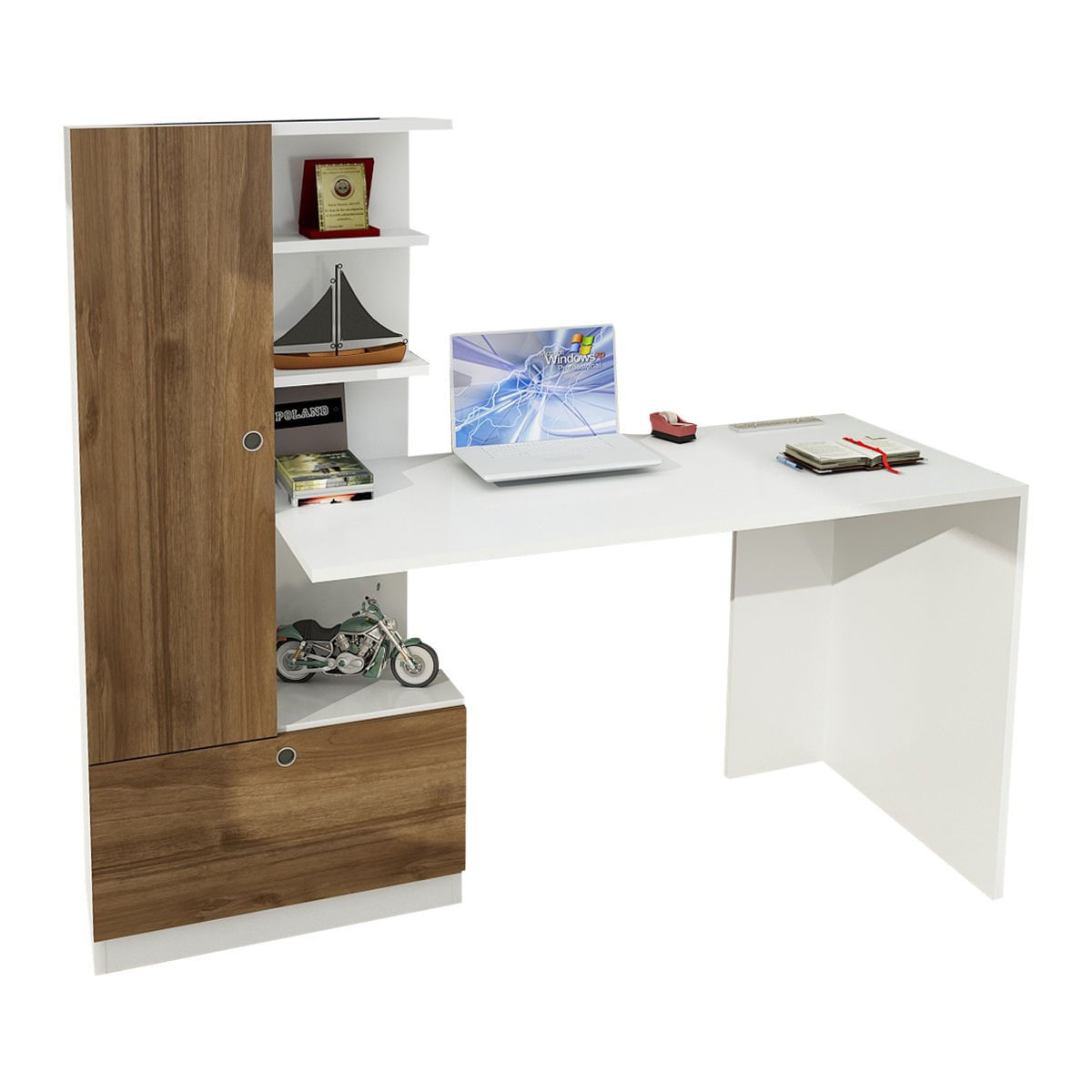 Birou, Hanah Home, pal melaminat, alb si nuc, 149.5x120x61.8 cm — imaginea 2