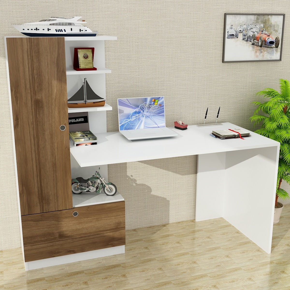 Birou, Hanah Home, pal melaminat, alb si nuc, 149.5x120x61.8 cm — imaginea 3