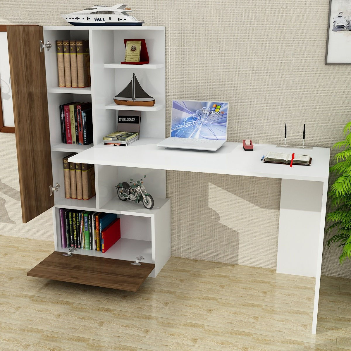 Birou, Hanah Home, pal melaminat, alb si nuc, 149.5x120x61.8 cm — imaginea 4