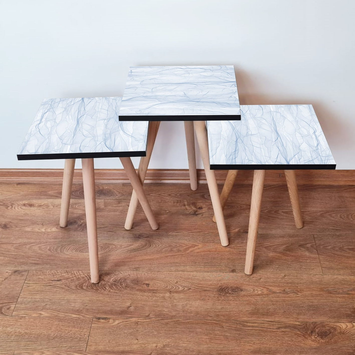 Set masute de cafea, Hanah Home, mdf, albastru deschis alb, picioare fag, 35x35x52 cm