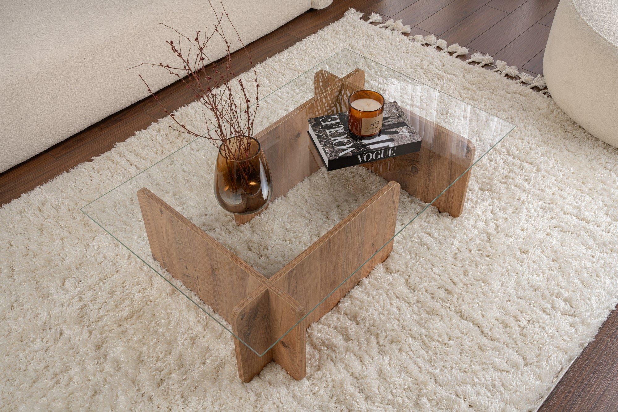 Masuta de cafea, Hanah Home, sticla calita si pal melaminat, pin atlantic, 105x65x30 cm — imaginea 5