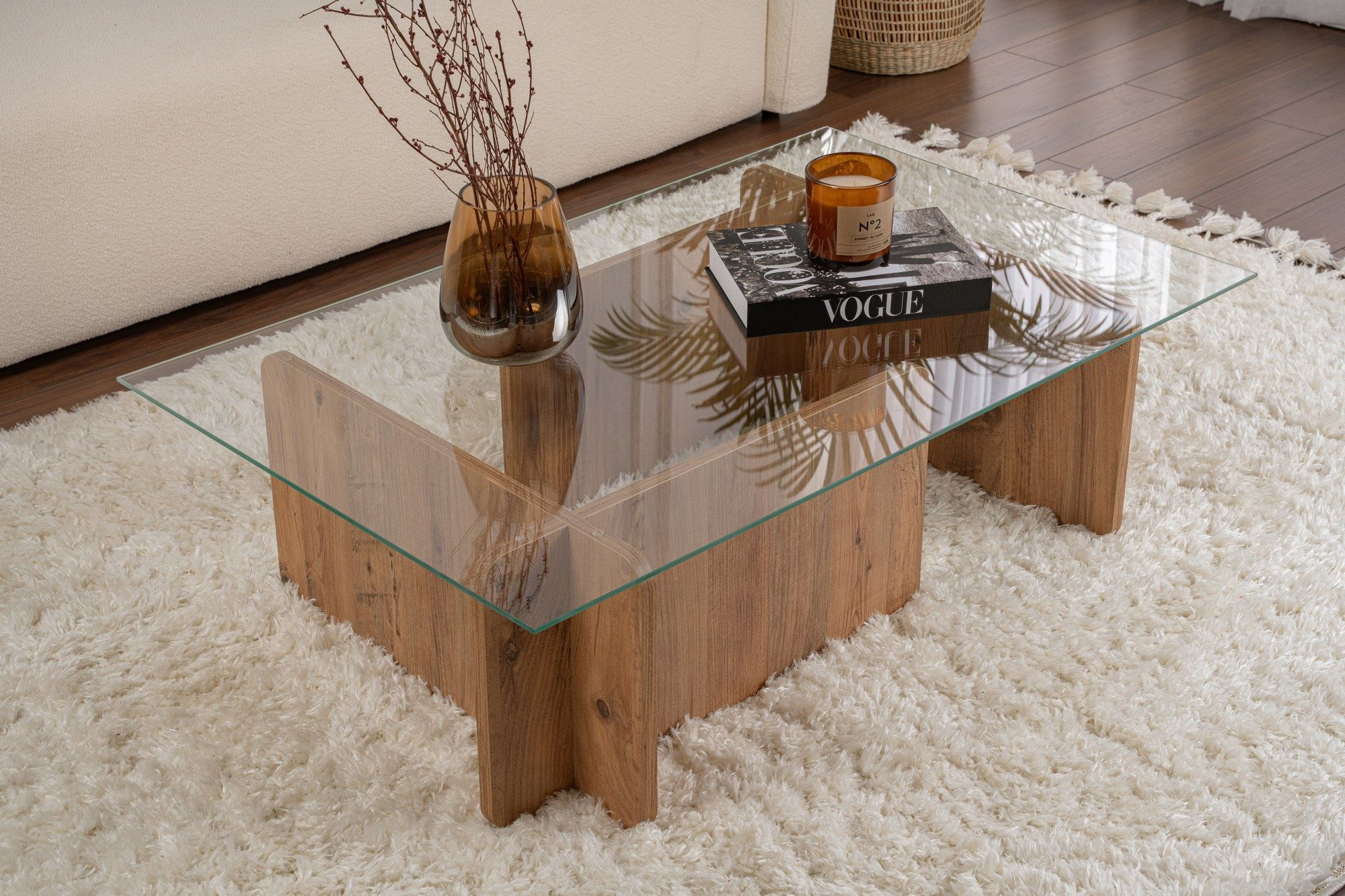 Masuta de cafea, Hanah Home, sticla calita si pal melaminat, pin atlantic, 105x65x30 cm — imaginea 7