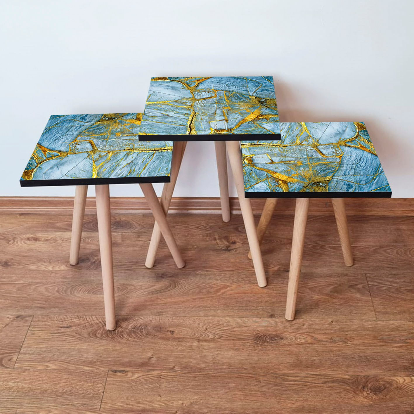 Set mese cuib, Hanah Home, mdf, albastru auriu, 35x35x52 cm