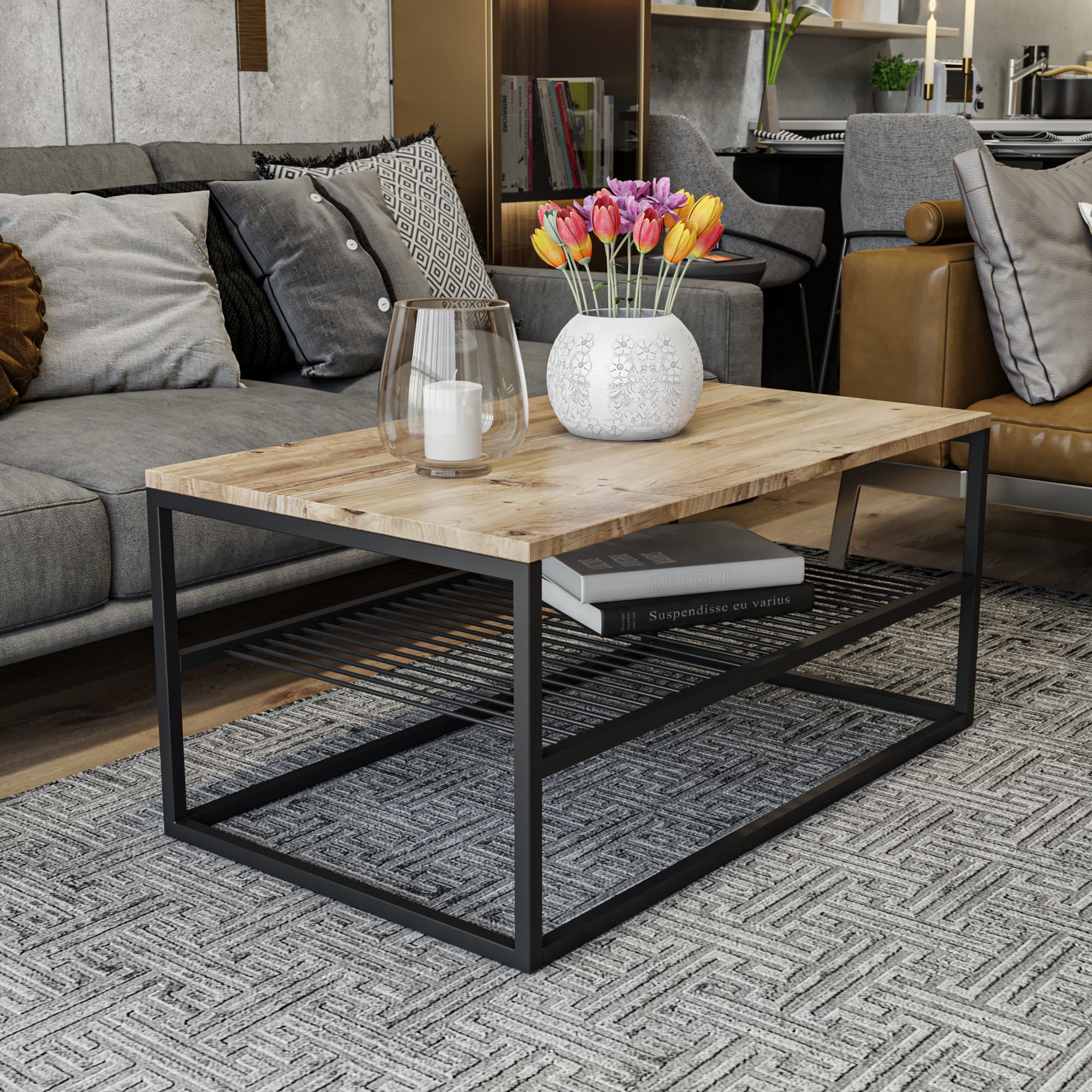 Masuta de cafea, Hanah Home, pal melaminat, pin negru, 95x55x43 cm — imaginea 5