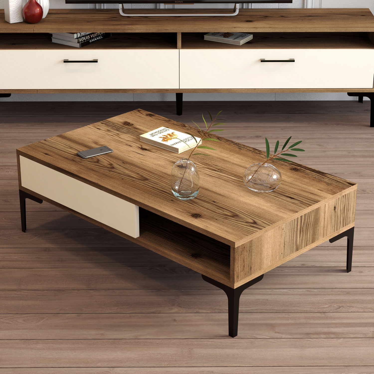 Masuta de cafea, Hanah Home, pal melaminat, nuc si crem, 105x60x32.6 cm — imaginea 4