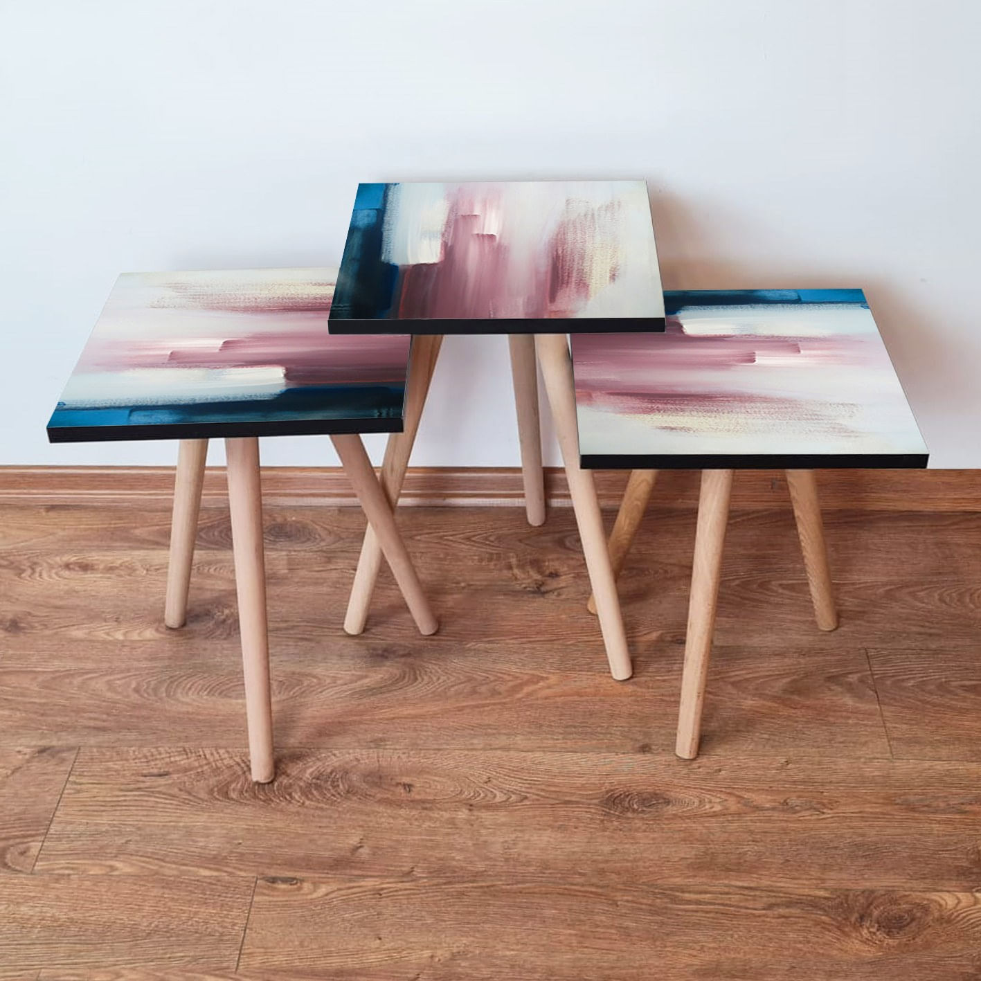 Set masute de cafea, Hanah Home, mdf, albastru marin roz alb, 35x35x52 cm