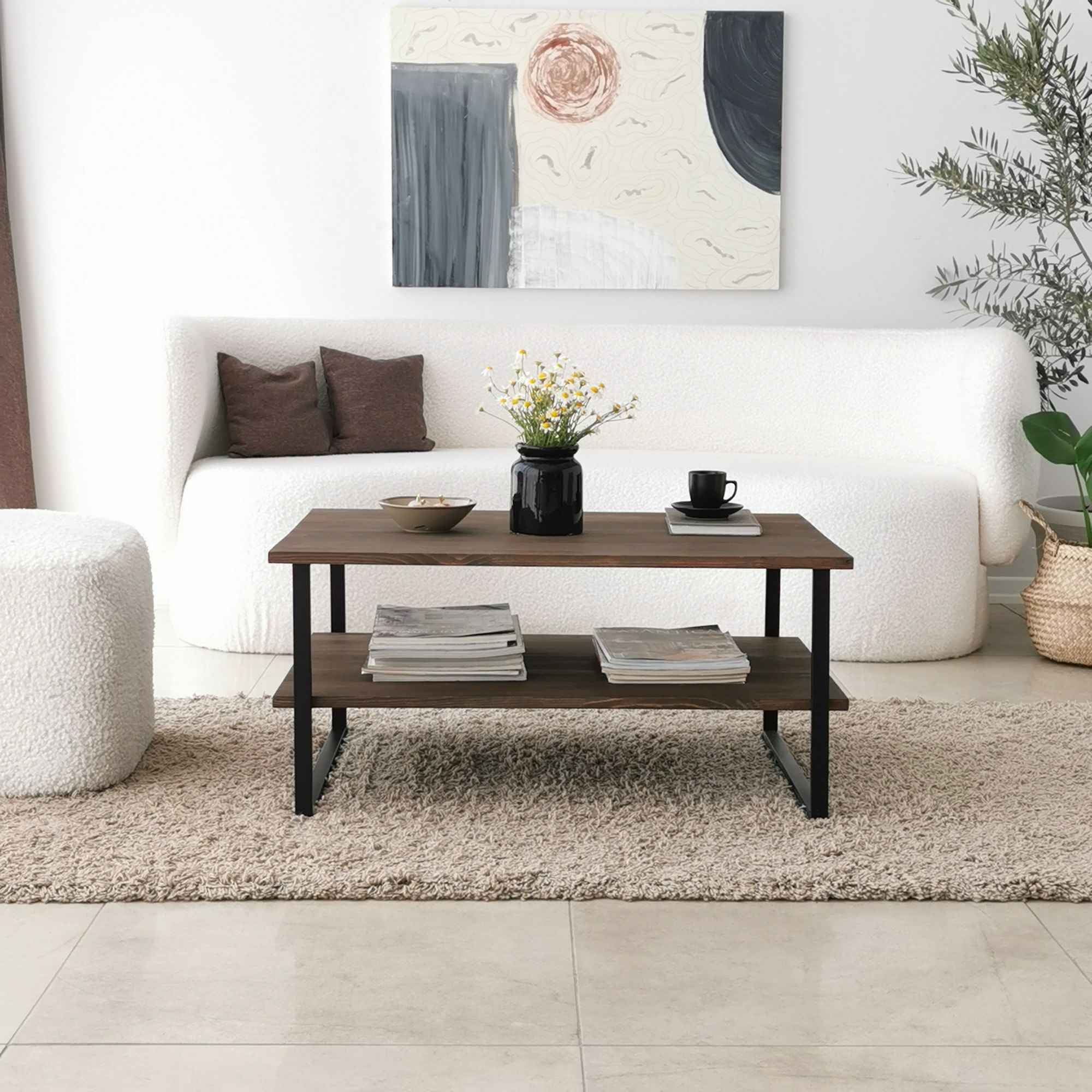 Masuta de cafea, Hanah Home, lemn masiv de pin, nuc, 85x60x40 cm — imaginea 5