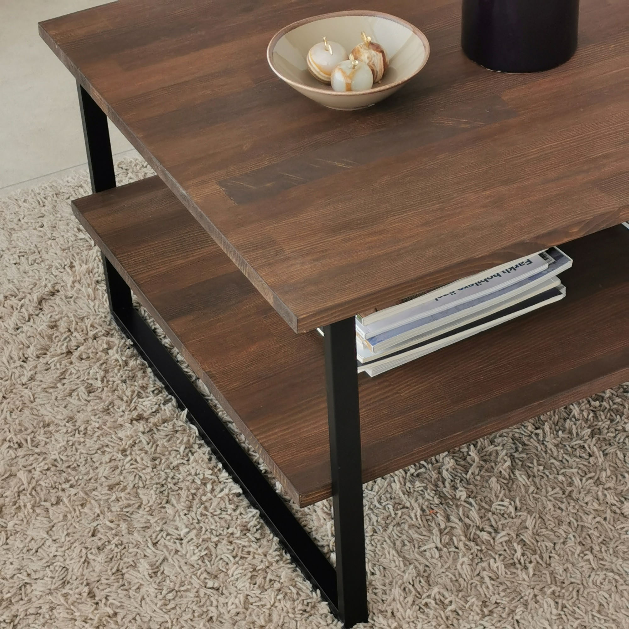 Masuta de cafea, Hanah Home, lemn masiv de pin, nuc, 85x60x40 cm — imaginea 6