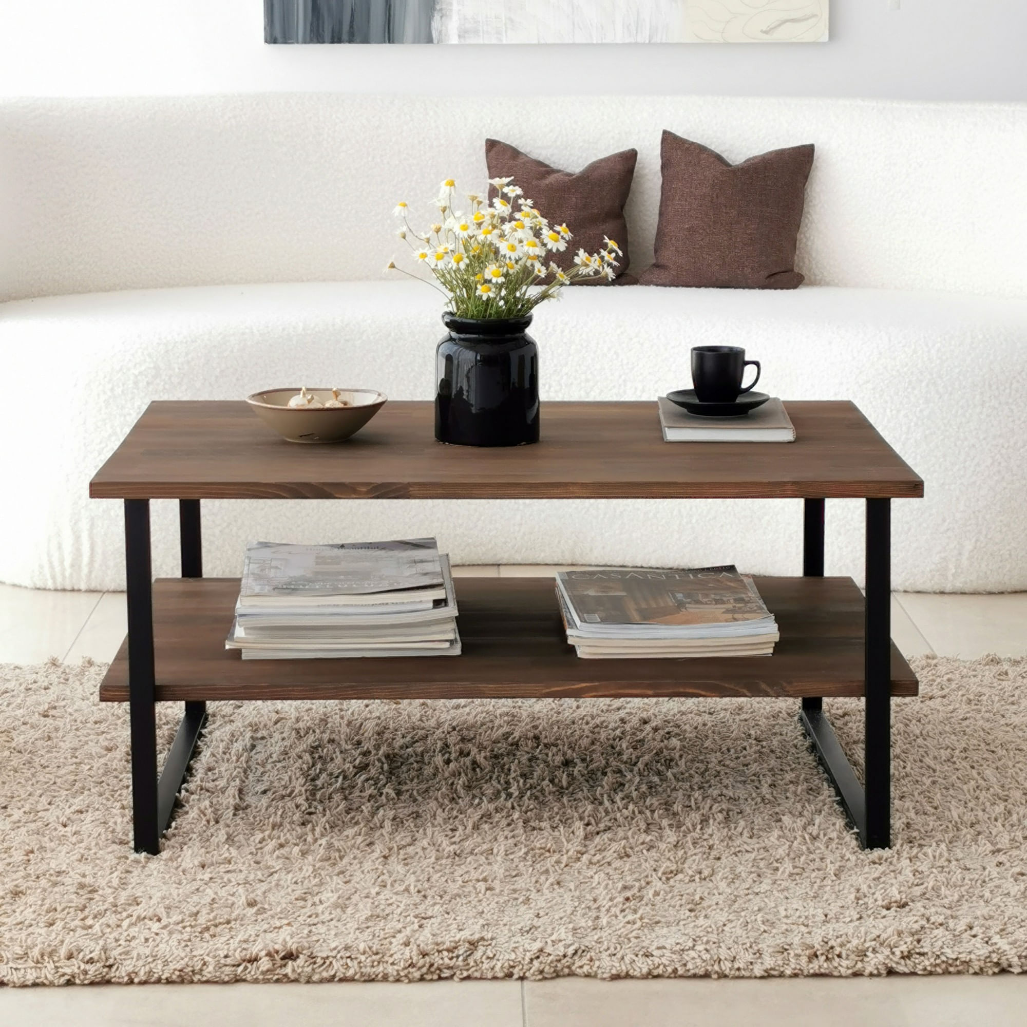 Masuta de cafea, Hanah Home, lemn masiv de pin, nuc, 85x60x40 cm — imaginea 7