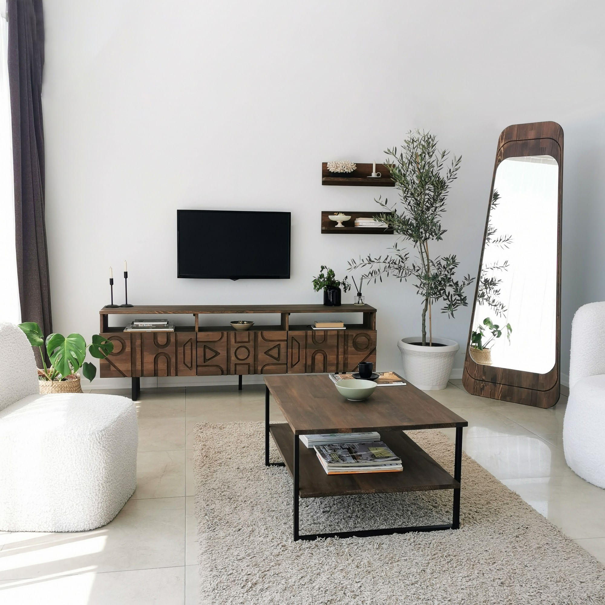 Masuta de cafea, Hanah Home, lemn masiv de pin, nuc, 85x60x40 cm — imaginea 8