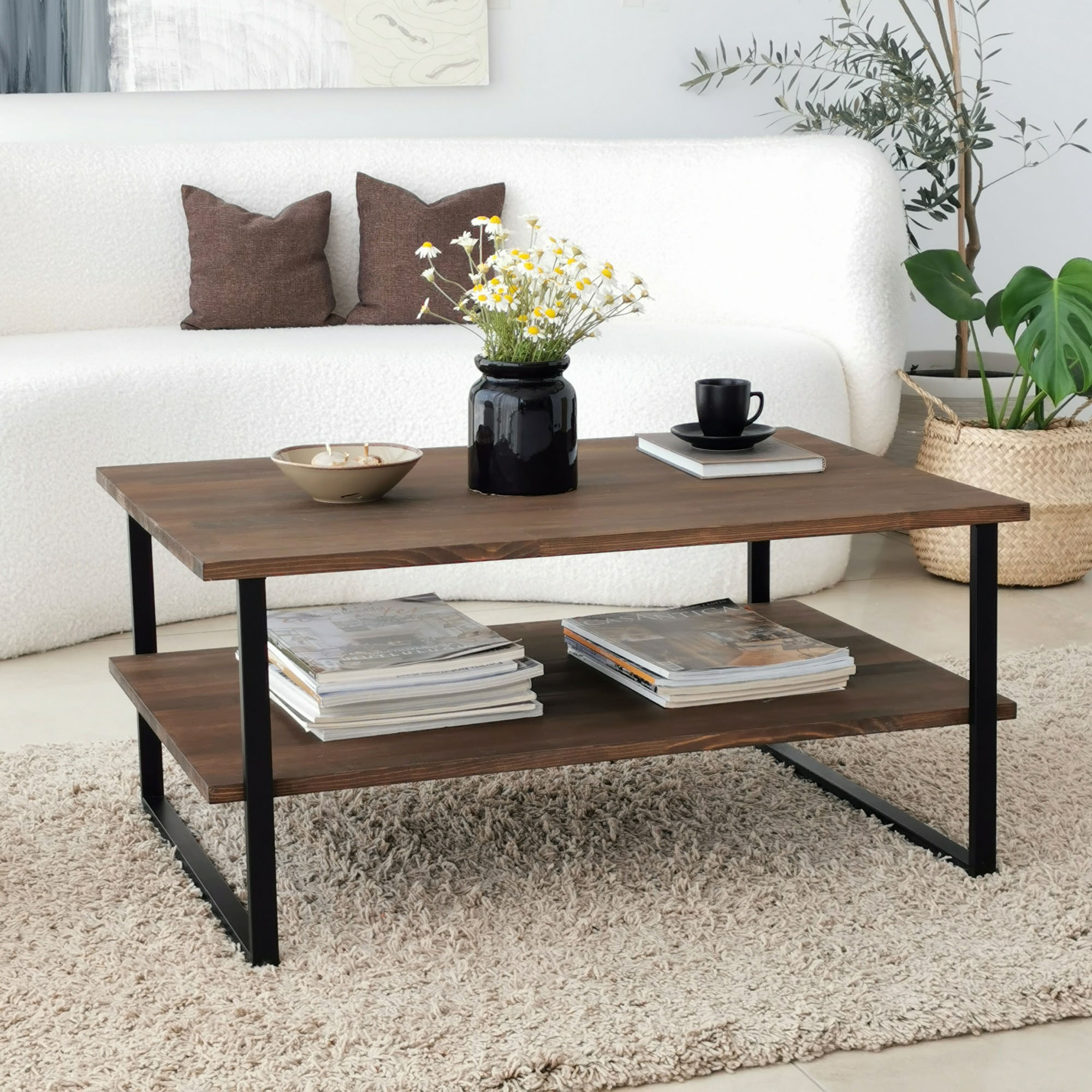 Masuta de cafea, Hanah Home, lemn masiv de pin, nuc, 85x60x40 cm — imaginea 9