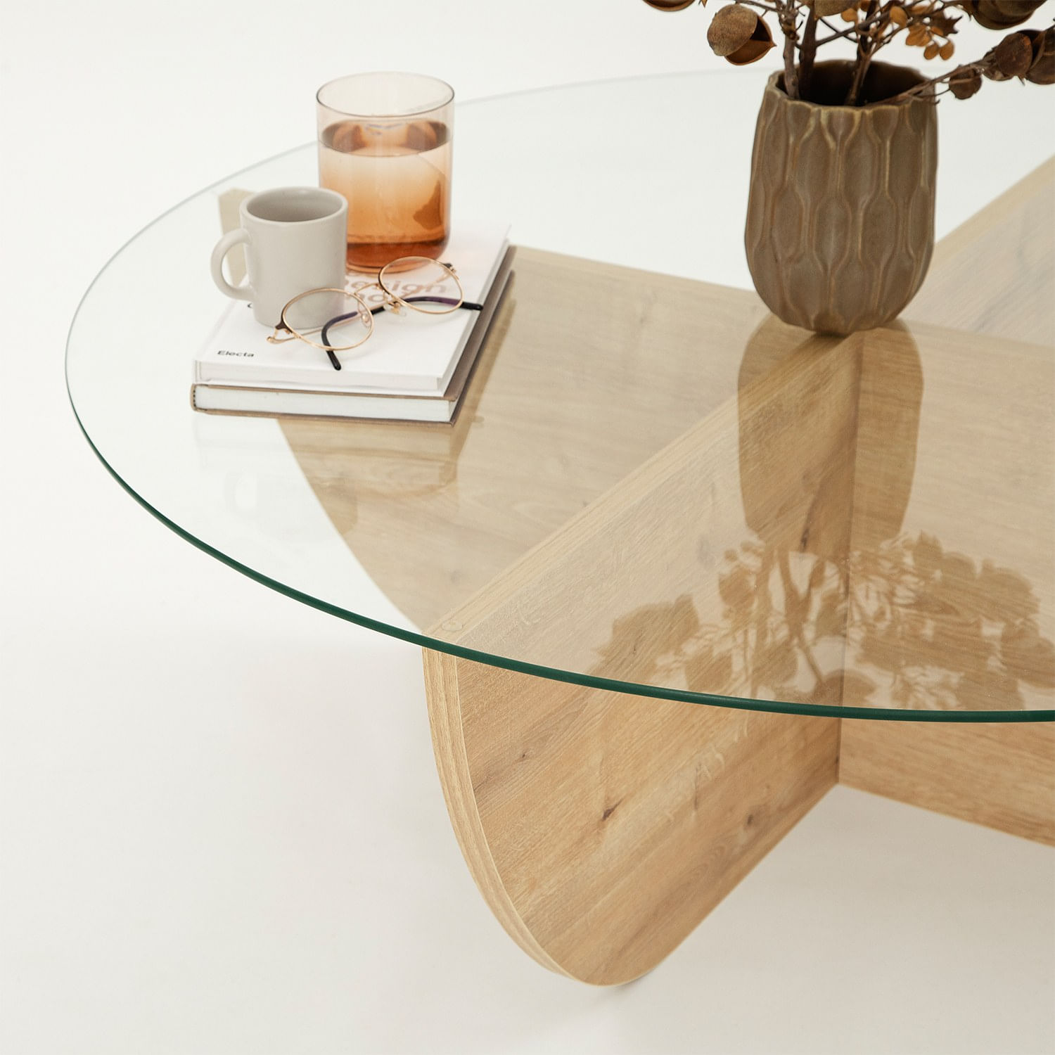 Masuta de cafea, Hanah Home, sticla securizata si pal melaminat, stejar safir, 90x90x30 cm — imaginea 2