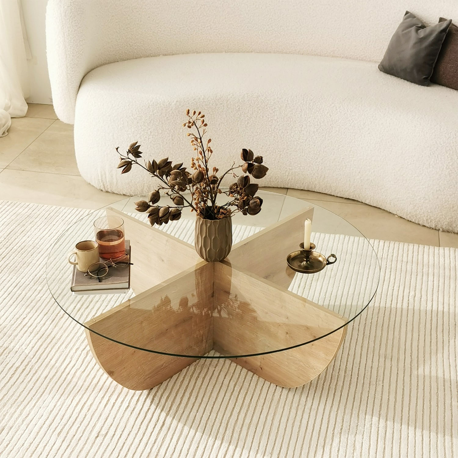 Masuta de cafea, Hanah Home, sticla securizata si pal melaminat, stejar safir, 90x90x30 cm — imaginea 4