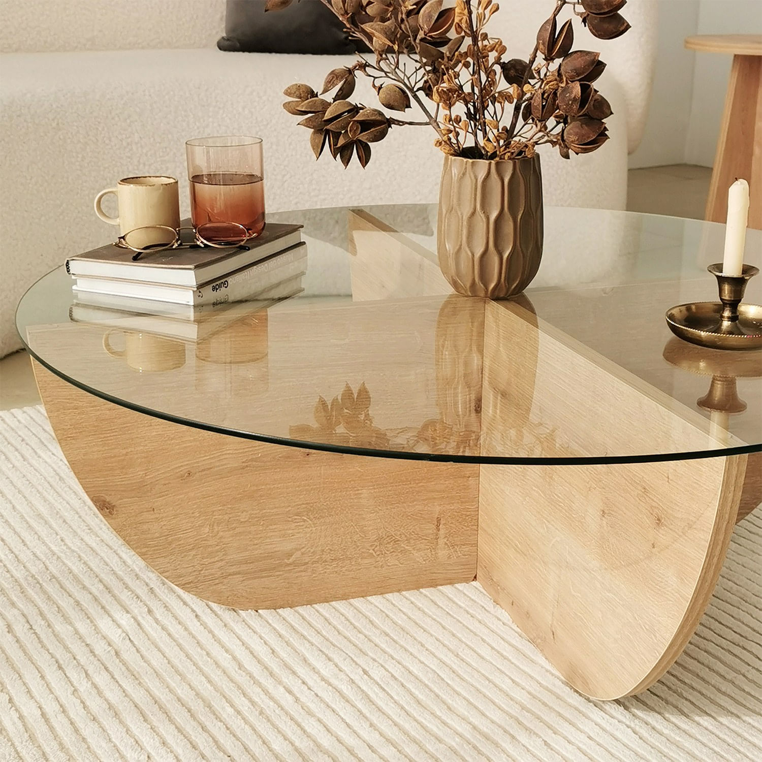 Masuta de cafea, Hanah Home, sticla securizata si pal melaminat, stejar safir, 90x90x30 cm — imaginea 5