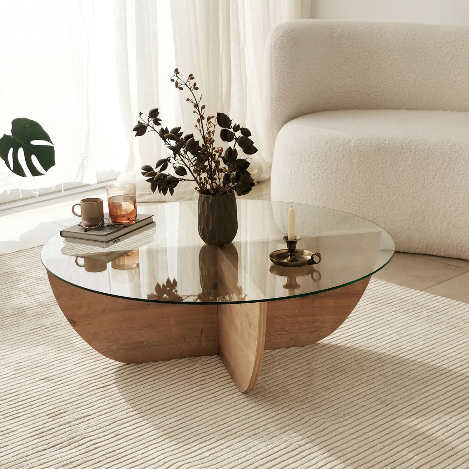 Masuta de cafea, Hanah Home, sticla securizata si pal melaminat, stejar safir, 90x90x30 cm — imaginea 7